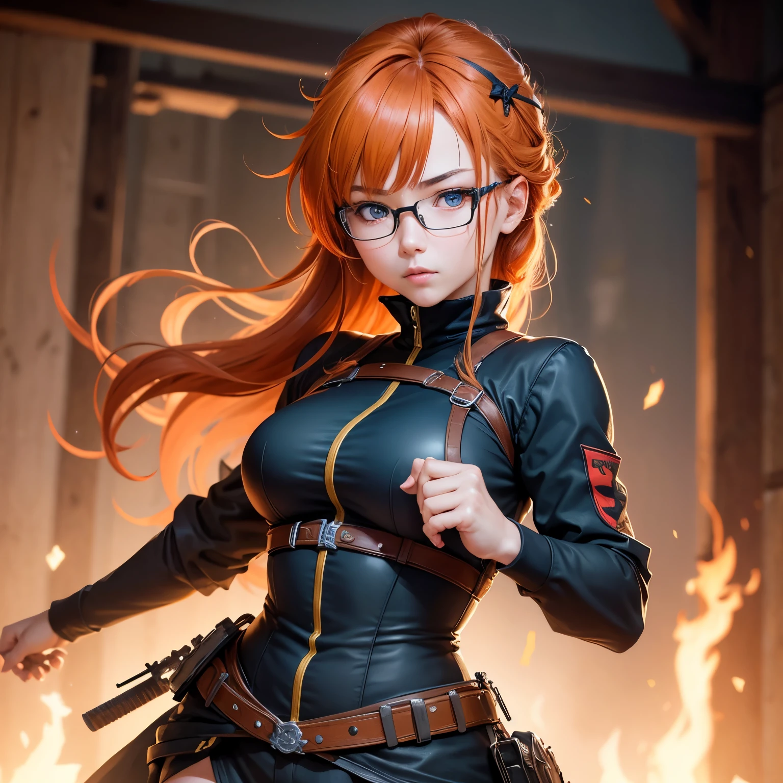 8k, masterpiece, best quality, realistic, higly detailed, cowboy shot, 1girl, solo, Itsuki Nakano, serious looking girl, medium-length hair, expressive ahoge, reddish-orange hair colour, a pair of star-shaped hairpins near both of her eyes, dark blue eyes, average height, well-endowed figure, wears glasses, cute, Ninja