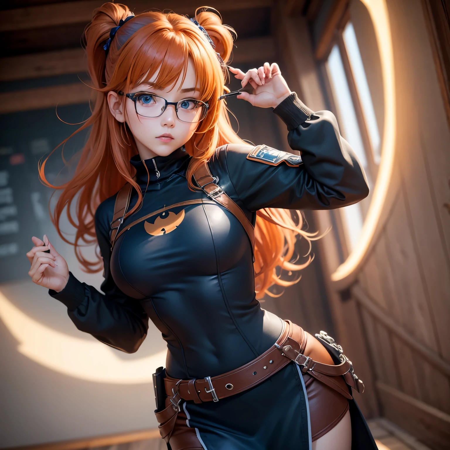 8k, masterpiece, best quality, realistic, higly detailed, cowboy shot, 1girl, solo, Itsuki Nakano, serious looking girl, medium-length hair, expressive ahoge, reddish-orange hair colour, a pair of star-shaped hairpins near both of her eyes, dark blue eyes, average height, well-endowed figure, wears glasses, cute, Cyberpunk