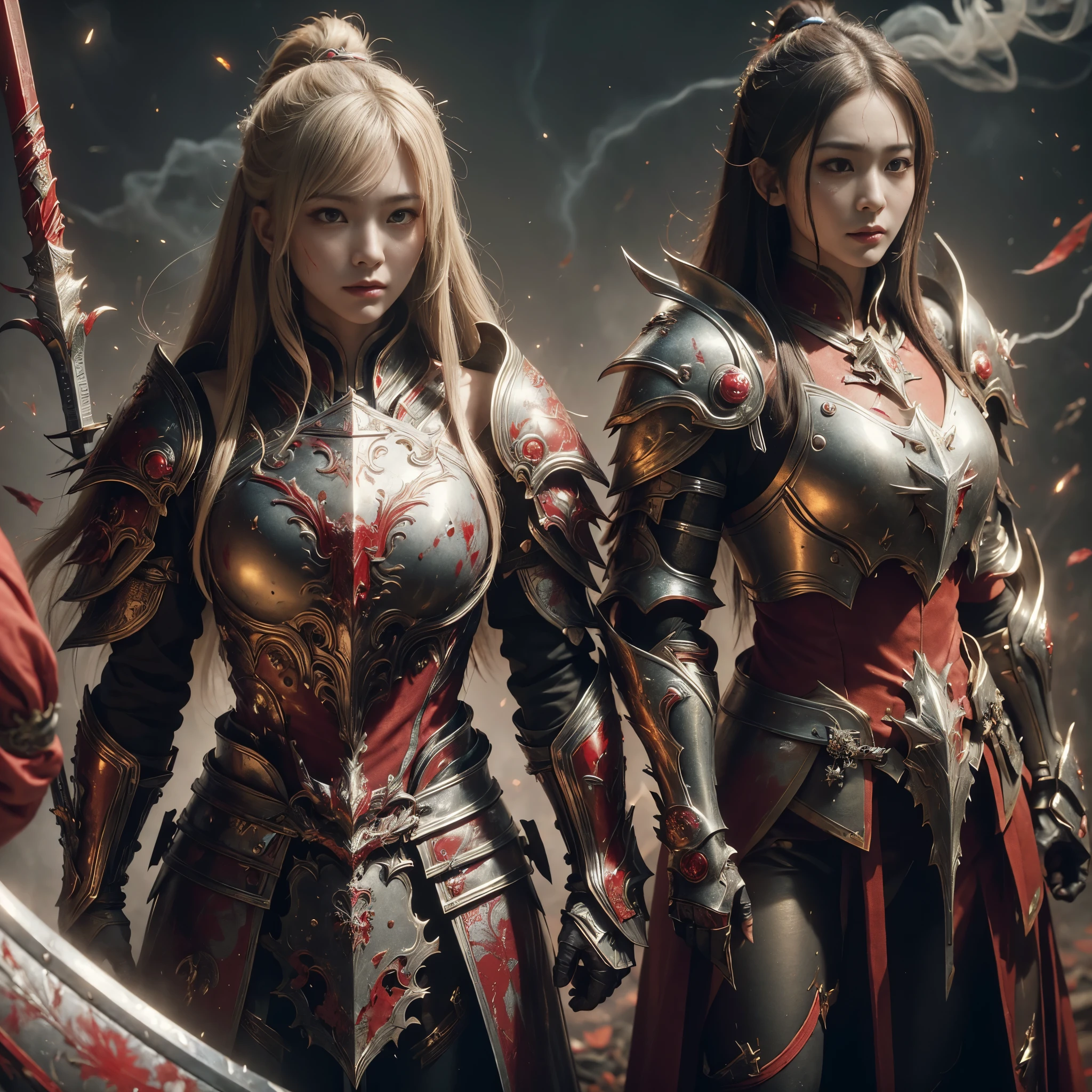 (((Realistic, masterpiece, best quality, crisp detail, high definition, high detail, sharp focus, perfect studio lightning))), 17 years old japanese girl wearing damaged armor, japan style armor, full body armor, full decorated golden armor, long straight hair, dirty, sweating, bloodstained face, blood scattered armor, bloodbath, carnage, swinging long blood scattered sword against cursed warriors, an epic war, fire everywhere, smoke everywhere, blood everywhere, death everywhere, japan edo period, brutal battle background