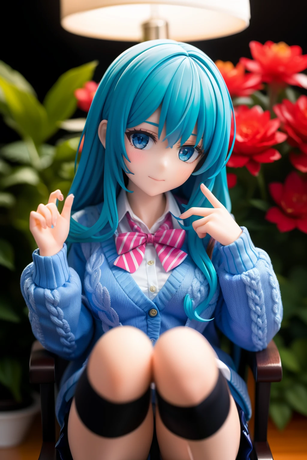 (masterpiece, best quality, hires, high resolution:1.2,  8k , high quality),extremely detailed blue eyes,intricate details,
looking at viewer,light smile,1girl,solo,nacht, long aqua-blue hair,
socks,cardigan,bowtie,loafers,collared shirt, pink details, flowers