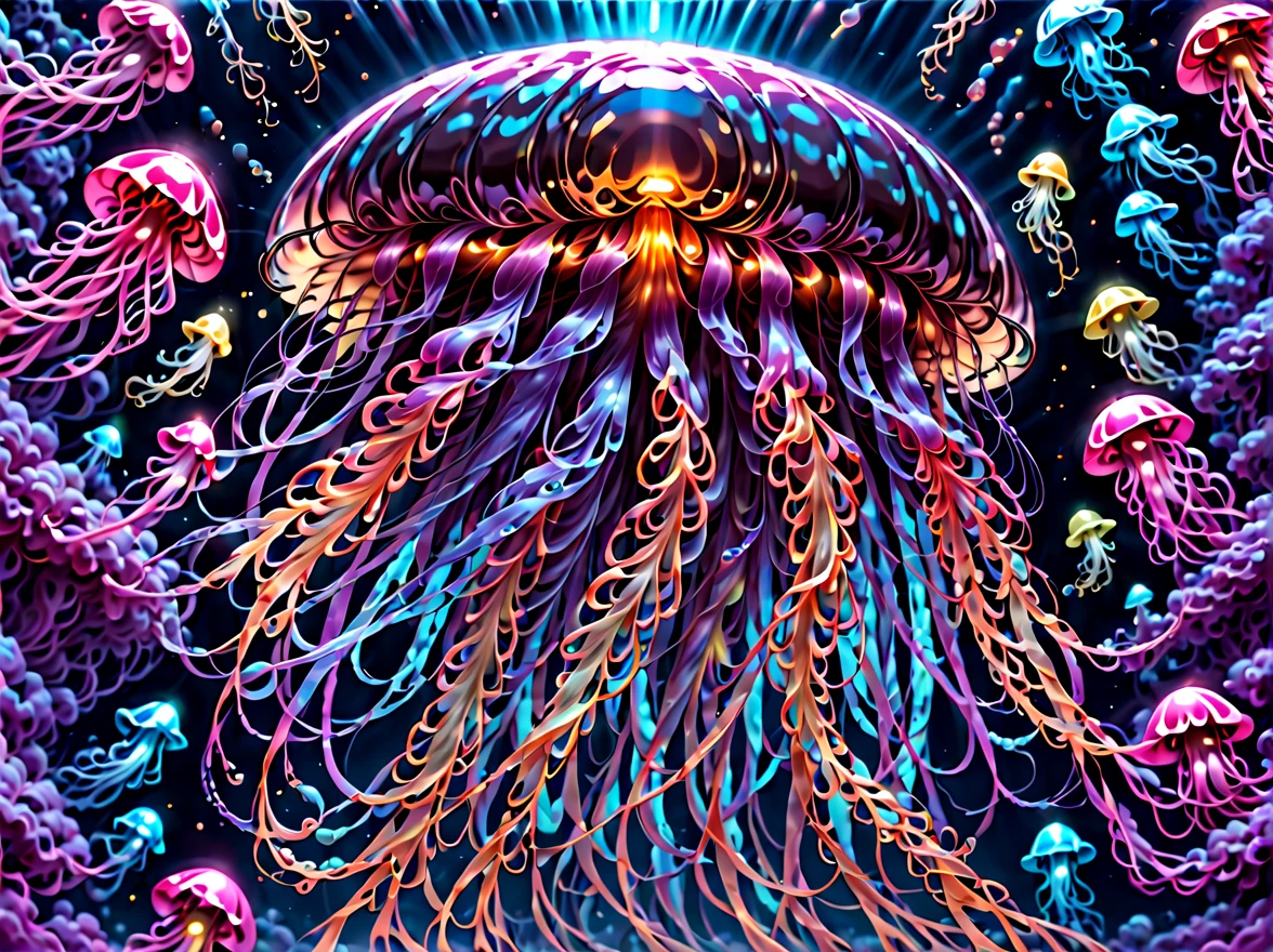 黑色星光背景中有果冻和气泡  neon jellyfish, jellyfishes, jellyfish dancing, jellyfishes, glowing jellyfish, jellyfish, translucent glowing jellyfish, jellyfish, bioluminescent jellyfish, jellyfish gelatin, hamburger mix jellyfish, jelly glow, space jellyfish, jellyfish elements, jellyfish fractal, phoenix jellyfish, cyberpunk jellyfish