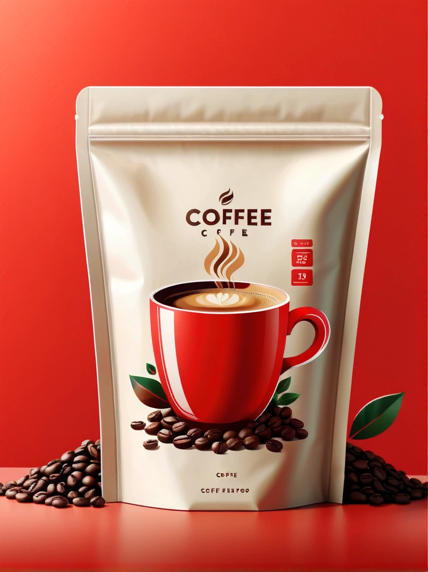 Modern packaging design, 1 coffee product packaging bag，Flat style coffee illustration，Rich in nutrients，Simple red background，HD resolution，simple style，practical，natural light, glossy plastic packaging bags