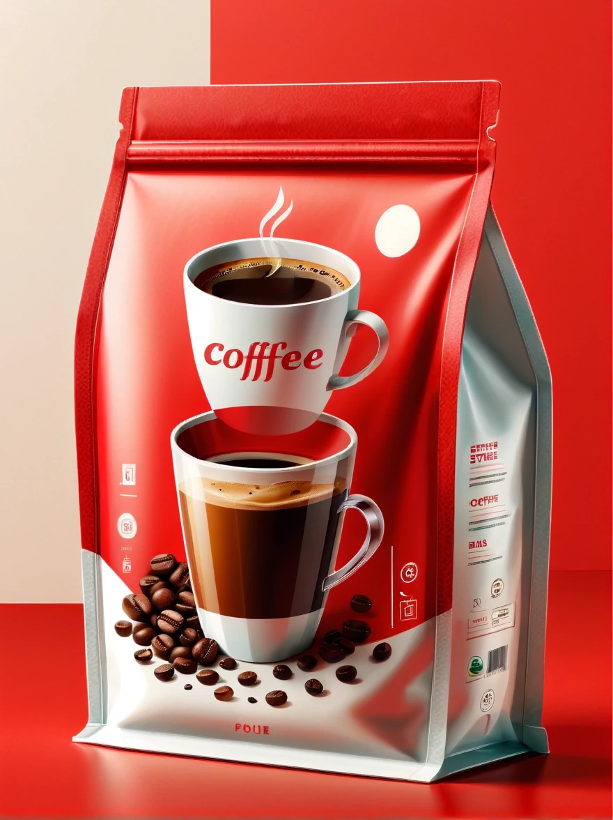Modern packaging design, 1 coffee product packaging bag，Flat style coffee illustration，Rich in nutrients，Simple red background，HD resolution，simple style，practical，natural light, glossy plastic packaging bags