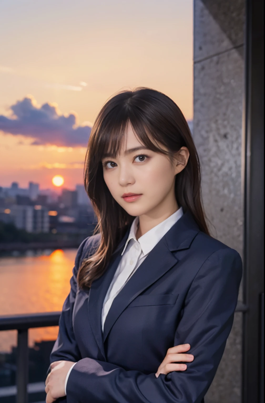 1 girl,alone, parted lips, office lady, suit ,
skyline, cloud,sunset, arm behind head, looking at the viewer,
