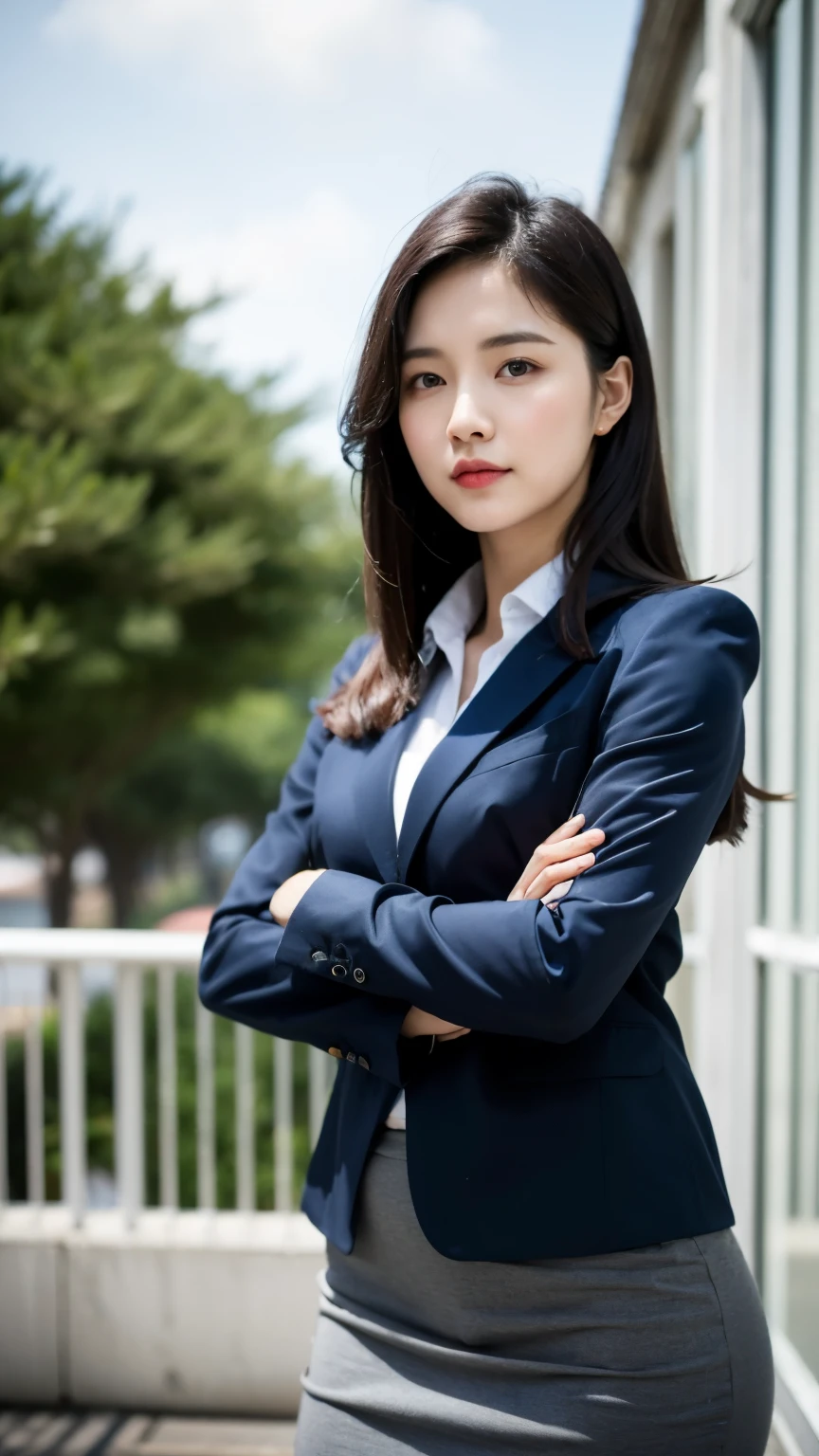Professional image of a 25-year-old professional woman, Wearing navy blue business casual suit and hip wrapping skirt, professional profile picture, pose with arms crossed, professional photos, professional profile picture, women pictures, business woman, Teacher, black hair, Because I&#39;m slender, 8K high definition
