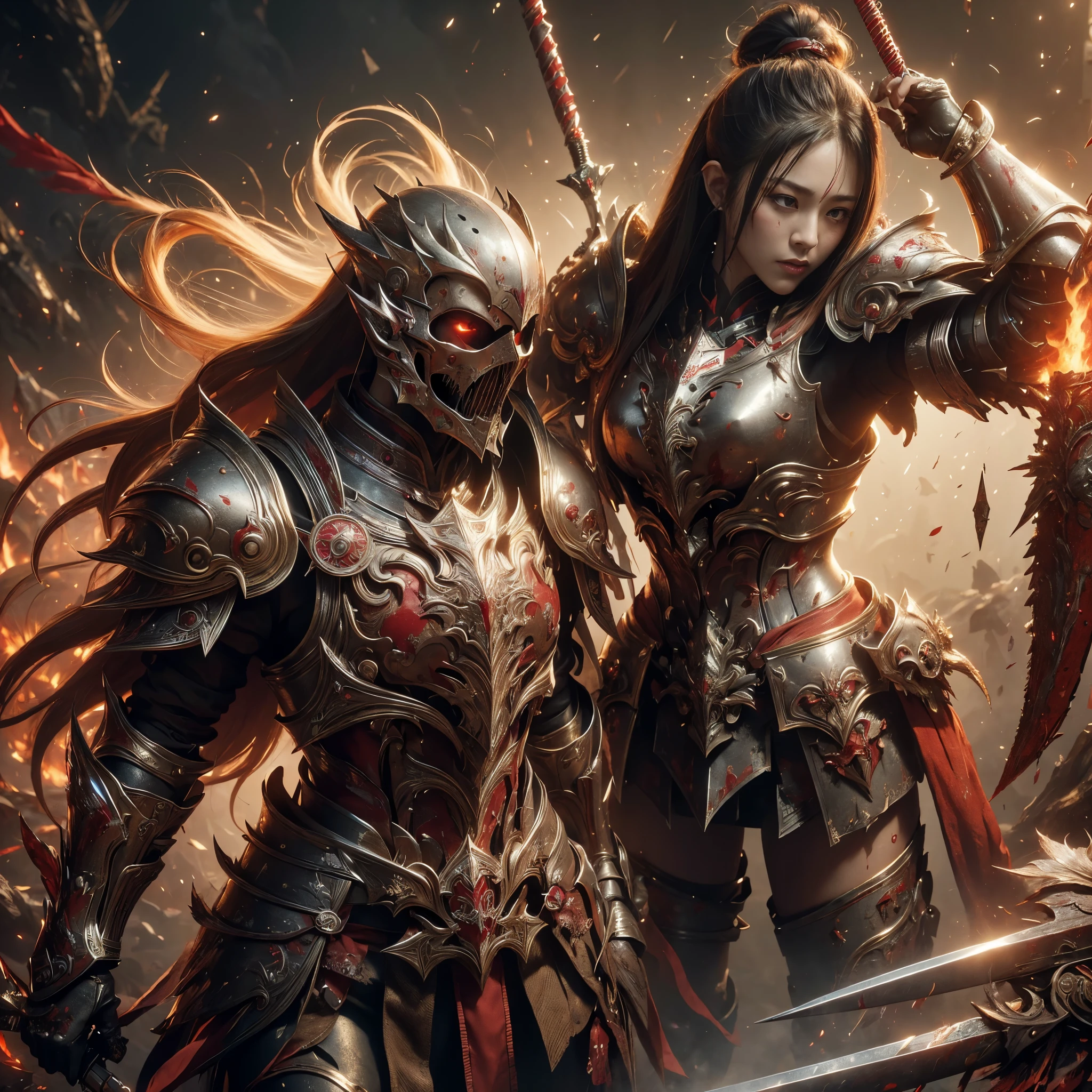 (((Realistic, masterpiece, best quality, crisp detail, high definition, high detail, sharp focus, perfect studio lightning))), 17 years old japanese girl wearing damaged armor, japan style armor, full body armor, full decorated golden armor, long straight hair, dirty, sweating, bloodstained face, blood scattered armor, bloodbath, carnage, swinging long blood scattered sword against cursed warriors, an epic war, fire everywhere, smoke everywhere, blood everywhere, death everywhere, japan edo period, brutal battle background