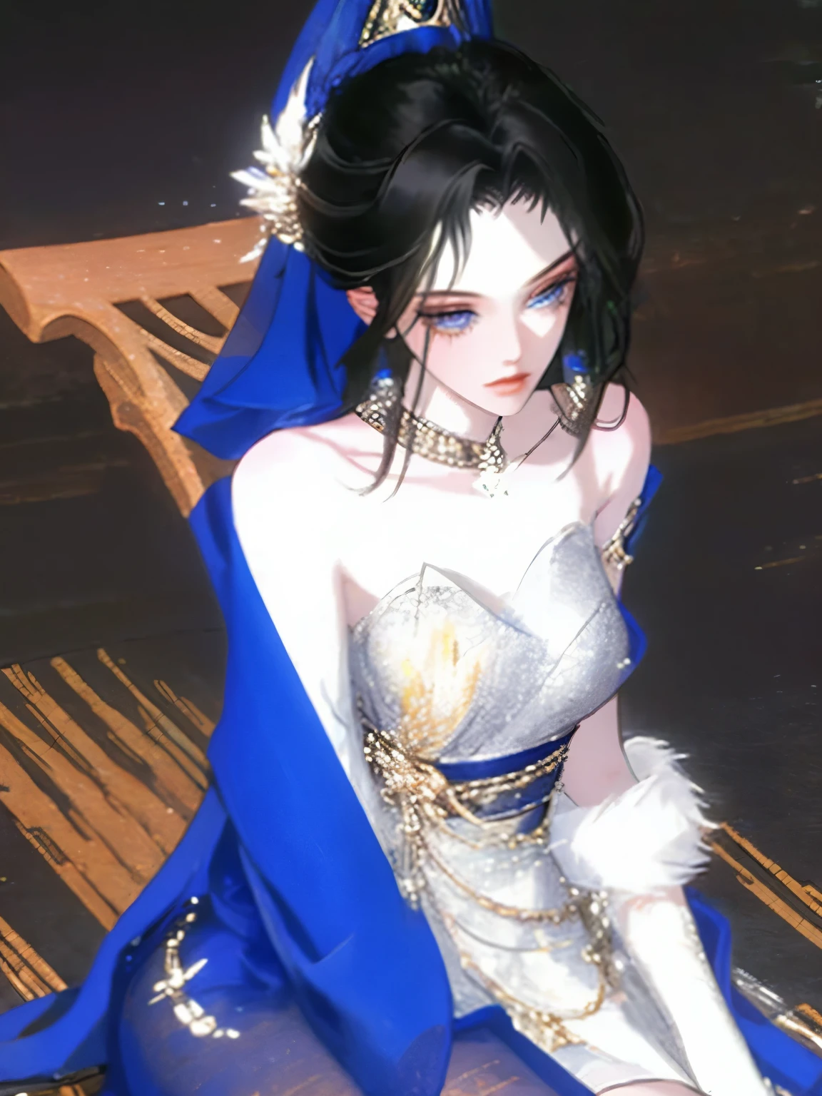 best quality, masterpiece, 1 girl, alone, ferry, long hair, ferryBase, Raise your legs high, bare shoulders, jewelry, sleeveless, white dress, blue skirt, Gloves, floor room, floor, wooden floor, sitting, sitting on floor
