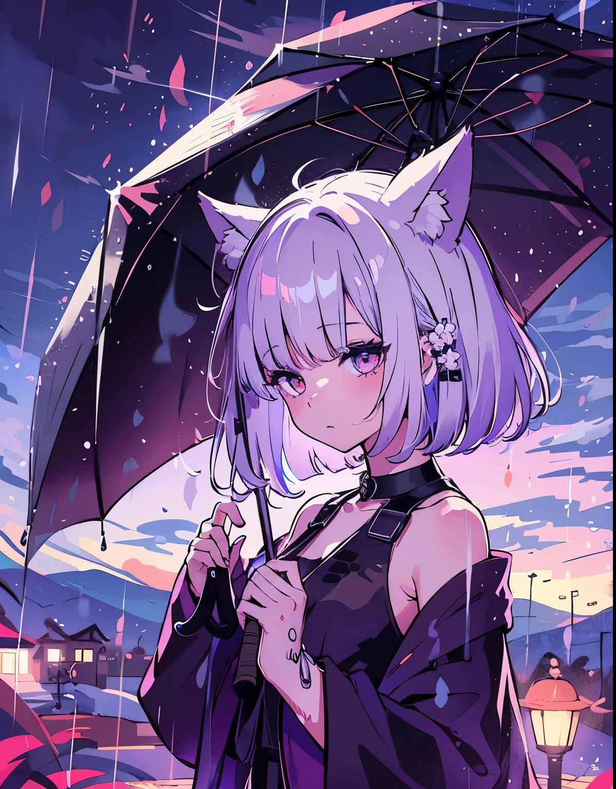 Girl with white hair and bob cut, black dress, wolf ears, praise, quiet, quiet雰囲気, look at the desert sky, night, quietnight, masterpiece,rain,umbrella