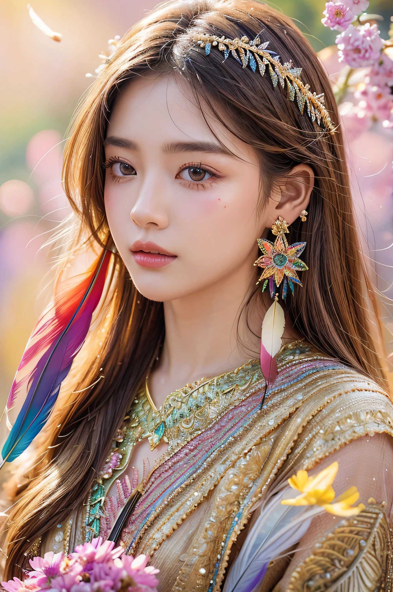 highest quality、highest quality、official art、beautiful beautiful:1.2)、(1 girl:1.3)、small breasts、bare shoulders、golden hair、Color featheretal ornaments、flower of color、particle、Ray Star Piece of Light、highly detailed girl 、(fractal art:1.1)、(colorful:1.1)(flower:1.3)、most detailed、(zentangle:1.2)、(dynamic pose)、(abstract background:1.3)、(shiny skin)、(many colors:1.4 )、(view audience)、(earrings:1.4)、(feather:1.4),