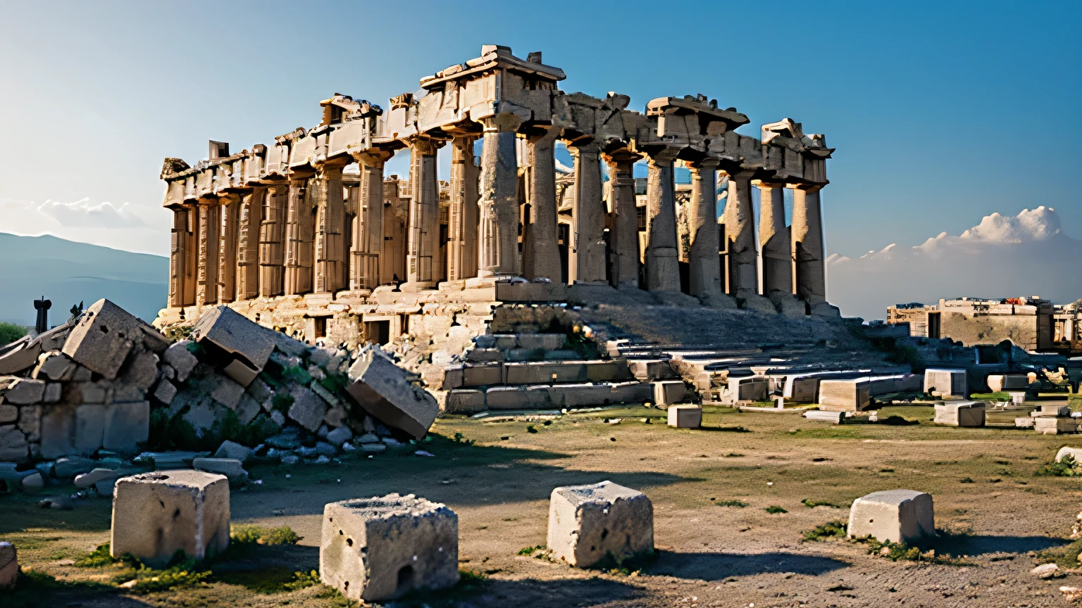 create art of the destroyed Greek Acropolis, pile of stones that were part of the ruined columns.