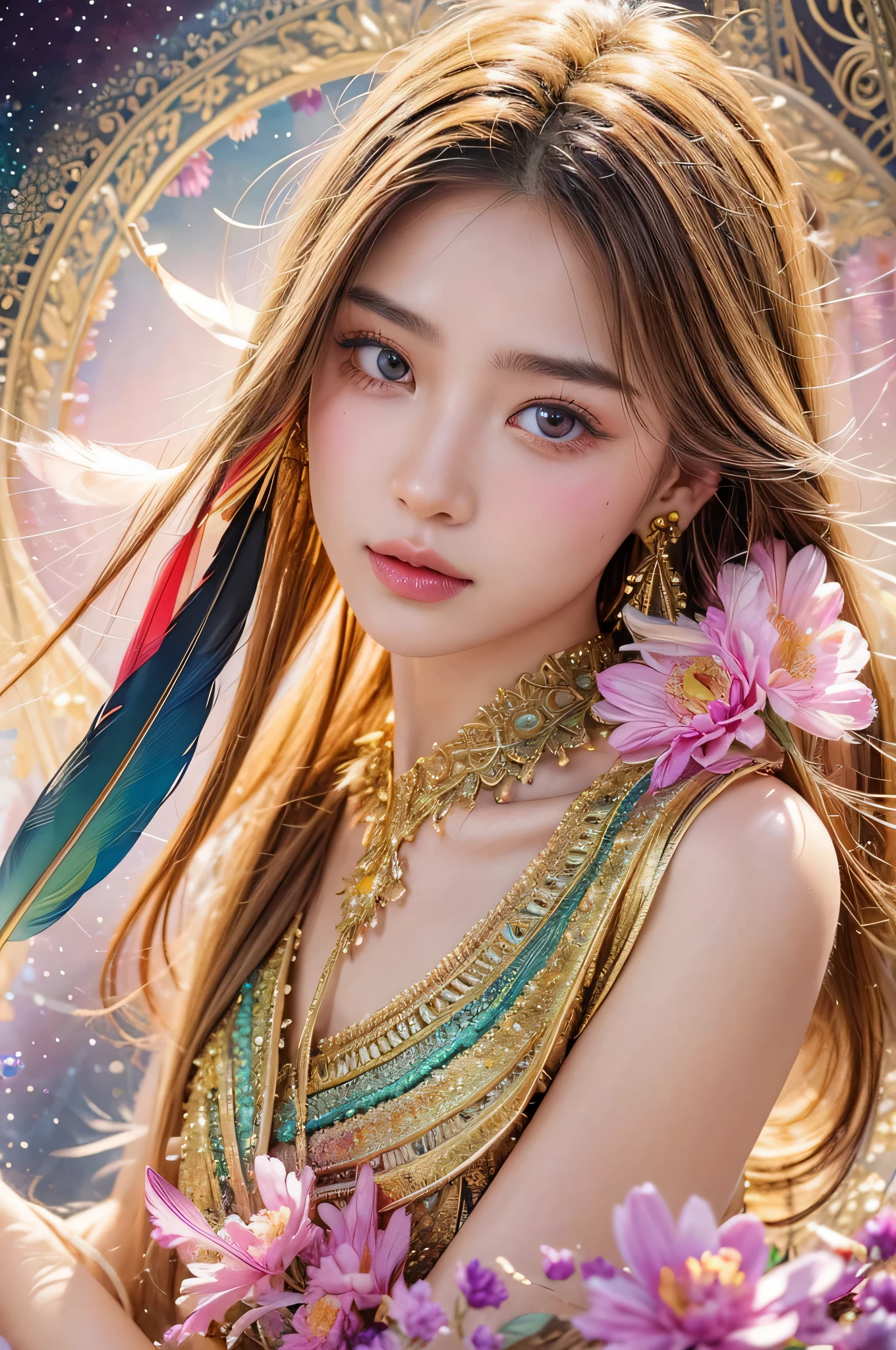 highest quality、highest quality、official art、beautiful beautiful:1.2)、(1 girl:1.3)、small breasts、bare shoulders、golden hair、Color featheretal ornaments、flower of color、particle、Ray Star Piece of Light、highly detailed girl 、(fractal art:1.1)、(colorful:1.1)(flower:1.3)、most detailed、(zentangle:1.2)、(dynamic pose)、(abstract background:1.3)、(shiny skin)、(many colors:1.4 )、(view audience)、(earrings:1.4)、(feather:1.4),