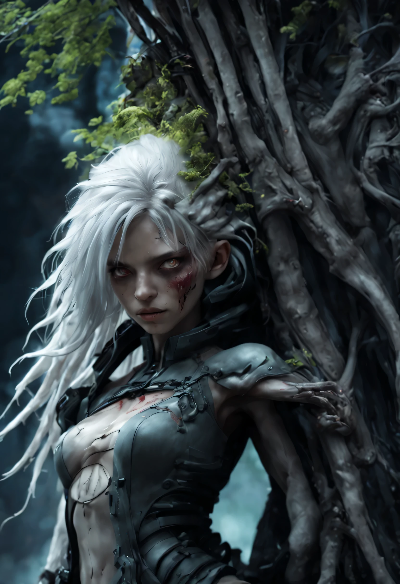 beautiful girl, white hair, A charming dark cyberpunk fantasy., Zombie ingredients, Torn white shirt, The arms are the roots of the tree., (Realistic facial details), There are complicated details.., Very high detail, Realistic photos, 8k, UHD, very detailed, (dynamic poses:1.4),