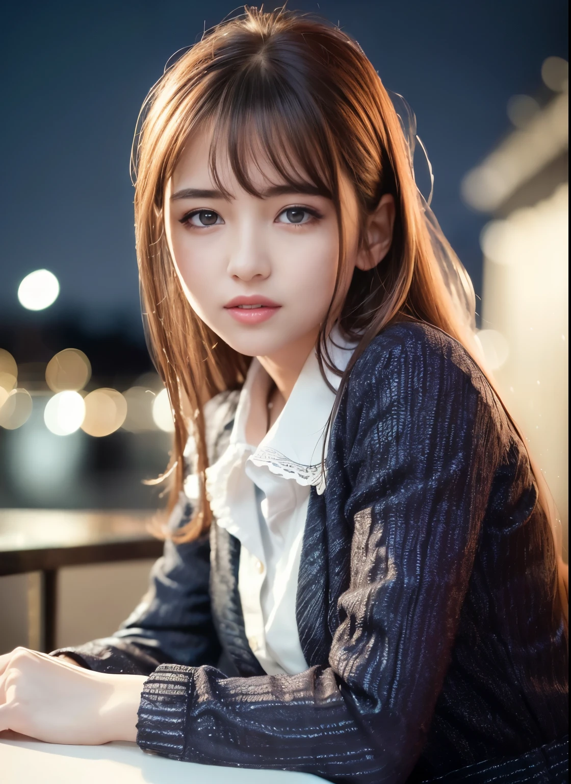 (8k, highest quality, masterpiece: 1.2), (realistic, photorealistic: 1.37), Super detailed, 1 girl, cute, alone, beautiful and detailed sky, Detailed cafe, night, sitting, date, (blush), (smile: 1.15),(closed)small,beautiful small eyes,(collared shirt:1.1),night,Wet,Pants style suit,white lace,(long hair:1.2), Floating hair NovaFrogStyle,