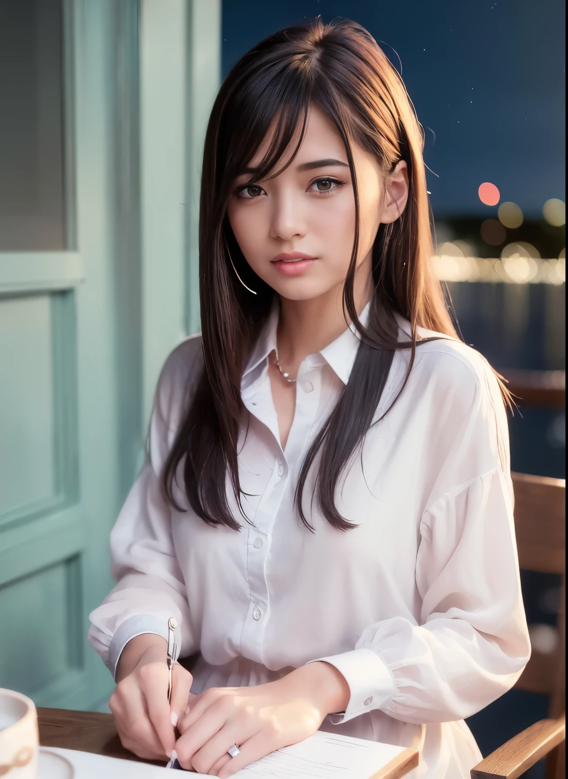 (8k, highest quality, masterpiece: 1.2), (realistic, photorealistic: 1.37), Super detailed, 1 girl, cute, alone, beautiful and detailed sky, Detailed cafe, night, sitting, date, (blush), (smile: 1.15),(closed)small,beautiful small eyes,(collared shirt:1.1),night,Wet,Pants style suit,white lace,(long hair:1.2), Floating hair NovaFrogStyle,