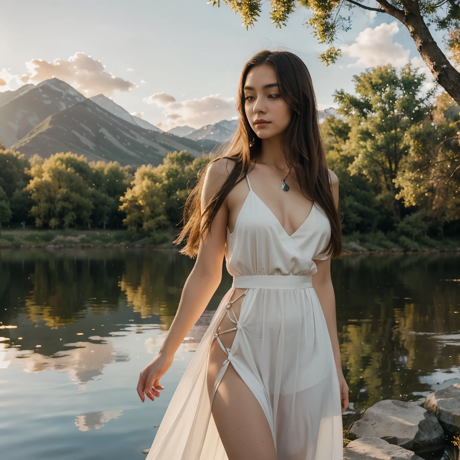 1 girl, serene expression, mesmerizing eyes, straight long hair, flowing dress, poised posture, porcelain skin, subtle blush, crystal pendant BREAK golden hour, (rim lighting):1.2, warm tones, sun flare, soft shadows, vibrant colors, painterly effect, dreamy atmosphere BREAK scenic lake, distant mountains, willow tree, calm water, reflection, sunlit clouds, peaceful ambiance, idyllic sunset, ultra detailed, official art, unity 8k wallpaper , zentangle, mandala