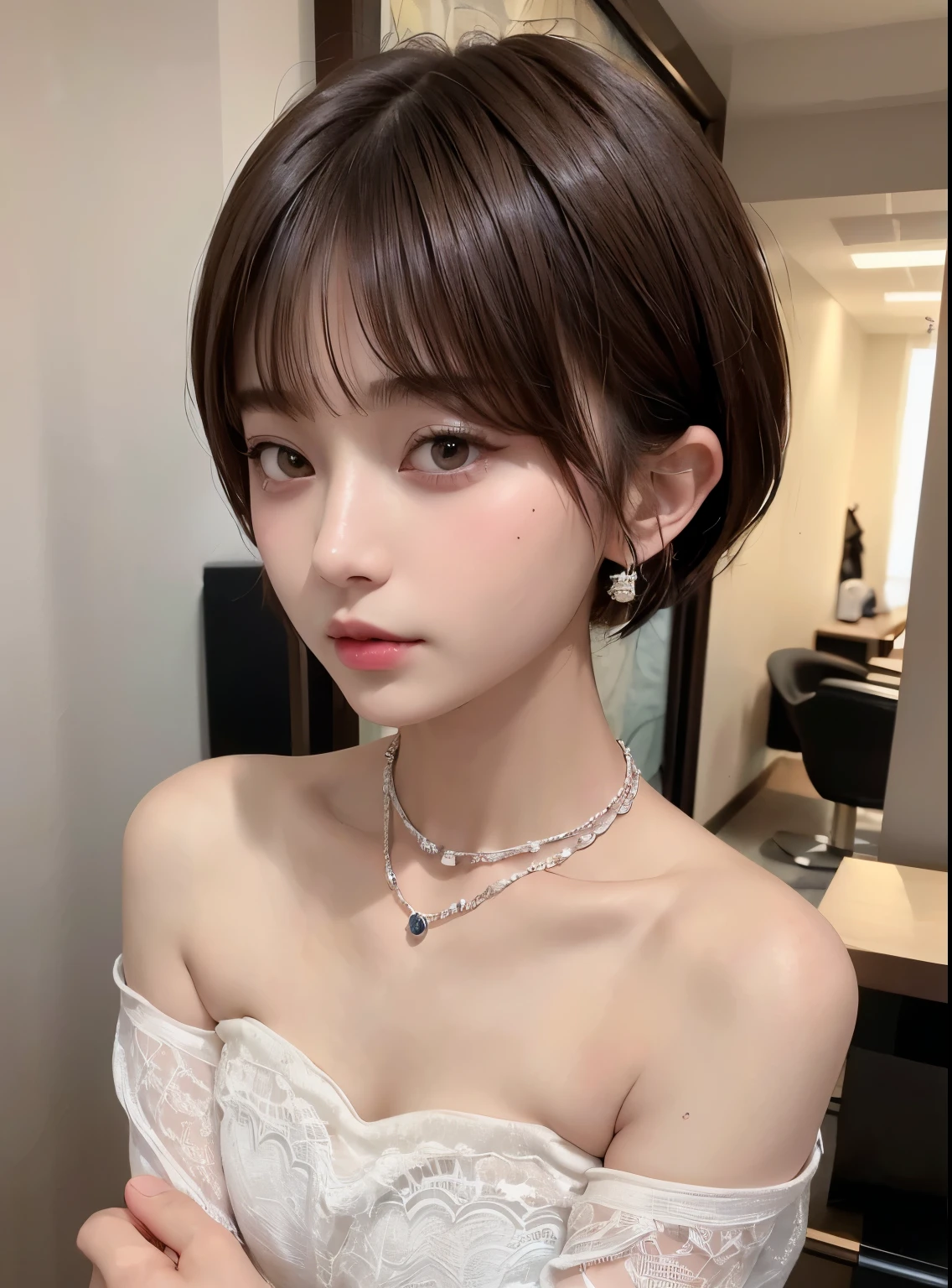 ((highest quality))、(masterpiece:1.4)、RAW photo、8k、((best image quality))、 ((High resolution))、Beautiful face in every detail、realistic human skin、gentle expression、(one woman:1.3 )、realistic、Photoreal、(short hair)、layer cut、(cute woman:1.2)、(cute japanese girl)、(boyish:1.4)、(mannish)、((Beautiful woman))、(beautiful hair)、((dark brown hair))、(((red cheeks)))、(her eyes are big)、20 year old beauty、(small face:1.3)、small head、((long neck))、white skin、spotless skin、With bangs、everyone praises、日本のBeautiful woman、8 heads tall、(necklace)、haircut model、((beauty salon))、((Hair set))、(chain choker)、