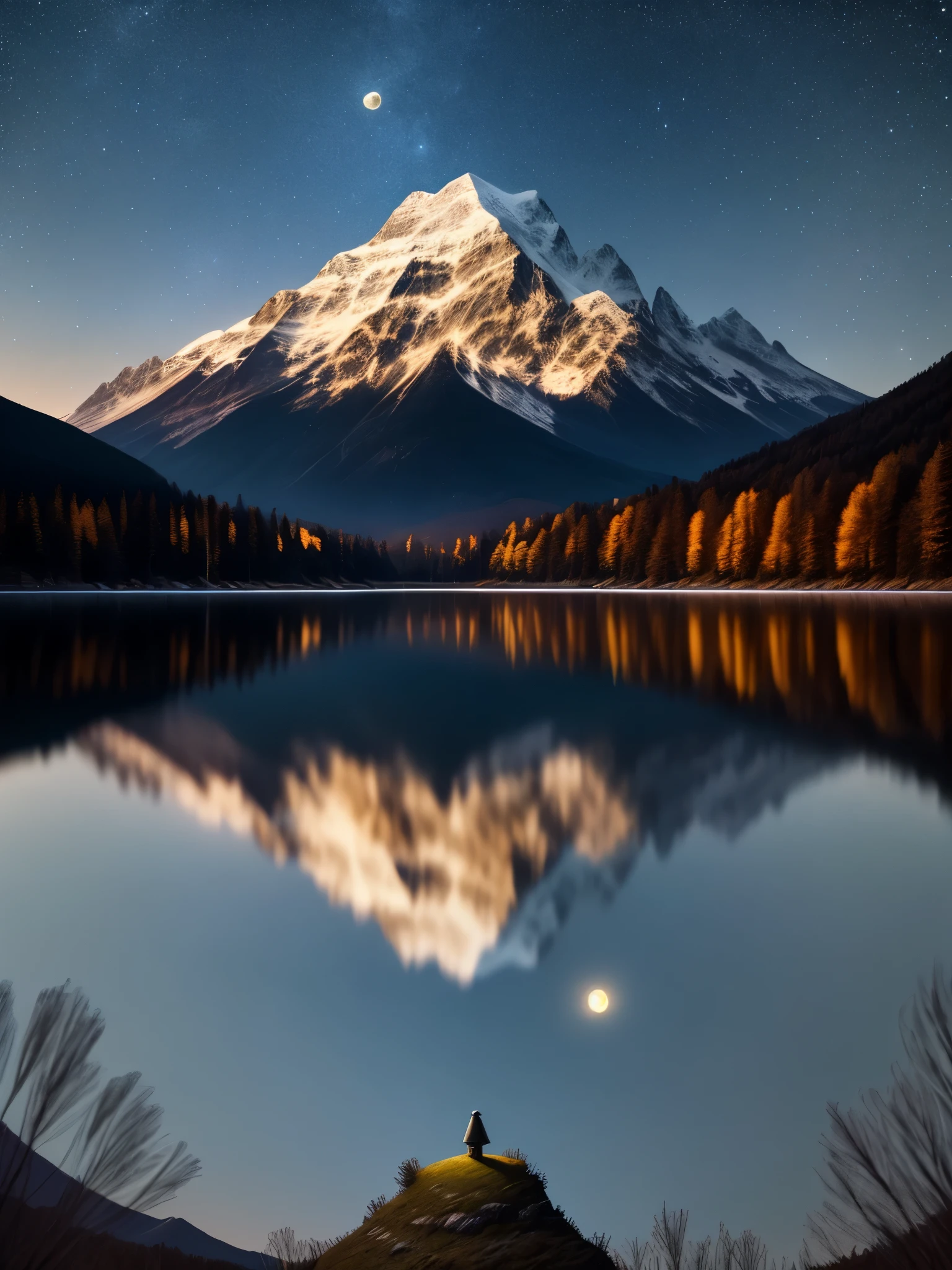 very starry night. There is a huge moon behind the mountain. The quiet lake reflects the night. Realistic scene, detailed, photorealism, 8k,There is a small boat on the lake,A figure stands on the boat and looks out