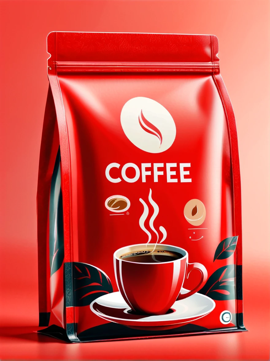 Modern packaging design, 1 coffee product packaging bag，Flat style coffee illustration，Rich in nutrients，Simple red background，HD resolution，simple style，practical，natural light, glossy plastic packaging bags