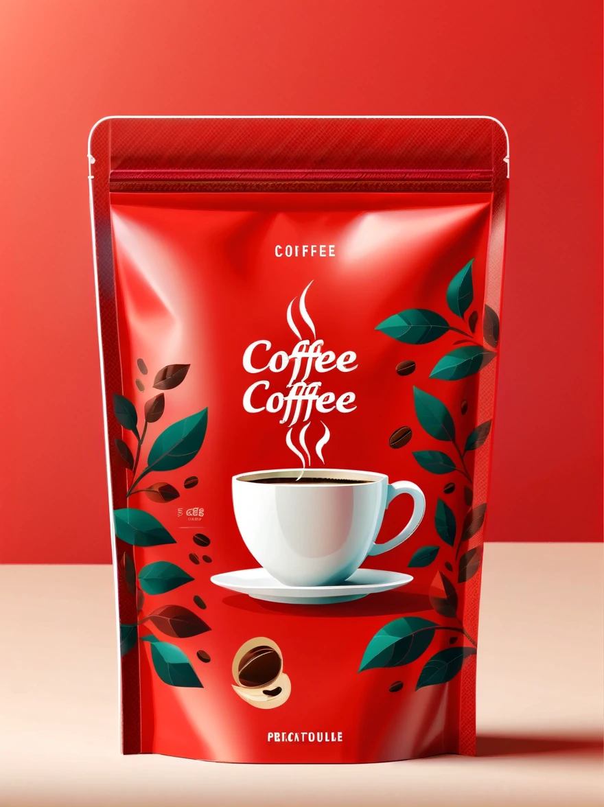 Modern packaging design, 1 coffee product packaging bag，Flat style coffee illustration，Rich in nutrients，Simple red background，HD resolution，simple style，practical，natural light, glossy plastic packaging bags