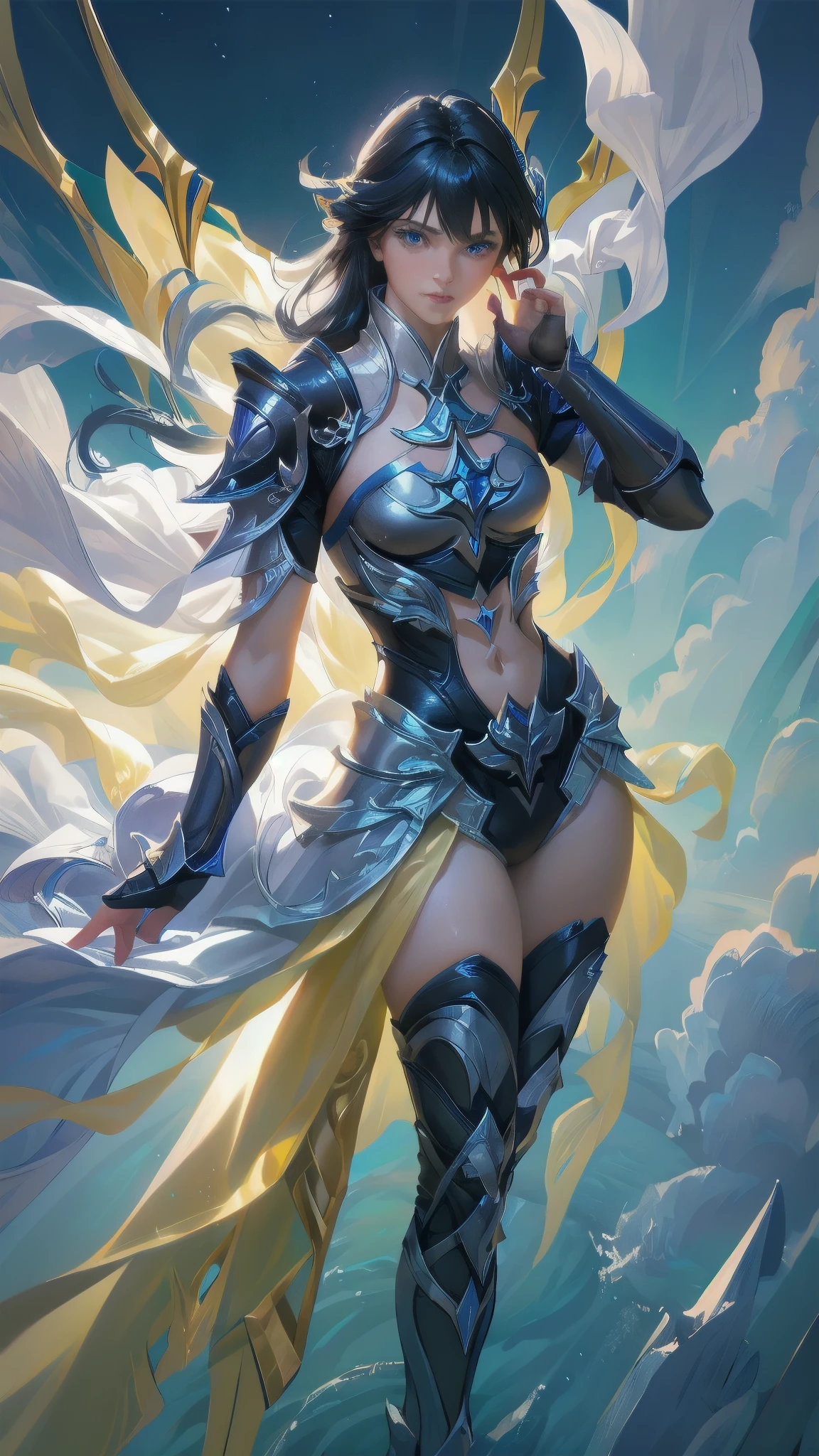 Ultra-high saturation,(tmasterpiece), fully body photo,(best qualtiy), (1girll), starryskybackground,Wearing shiny gold armor, Sexy lingerie type armor,Expose your chest,Expose the waistline,Exposing thighs,cool-pose, Saint Seiya Armor, messy hair,high detal, Anime style, Cinematic lighting, Sparkle, god light, Ray traching, filmgrain, hyper HD, textureskin, super detailing, Anatomical correct, A high resolution,Ultra-high saturation,hight contrast,High-gloss armor,Smooth skin,Serious expressions,Dark room,