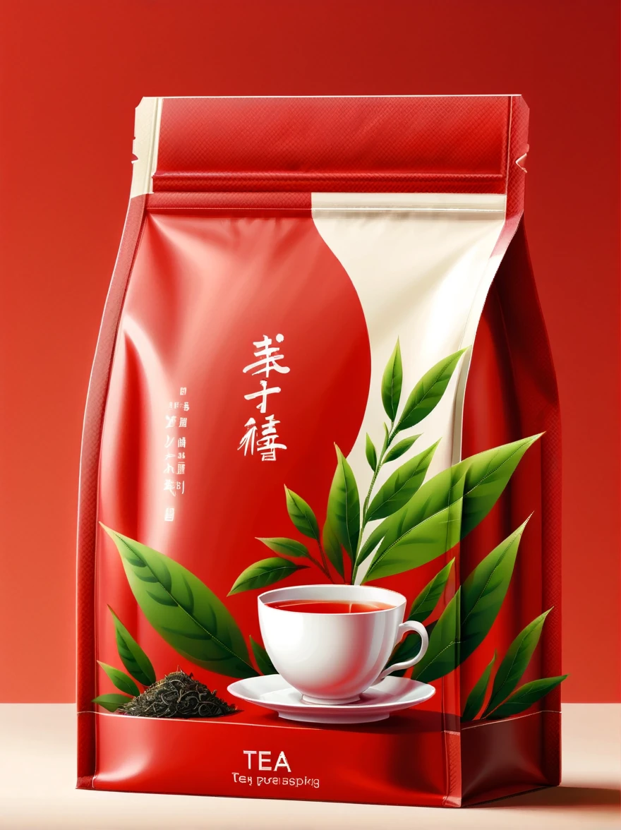 Modern packaging design, 1 tea product packaging bag，Flat style tea illustration，Rich in nutrients，Simple red background，HD resolution，simple style，practical，natural light, glossy plastic packaging bags