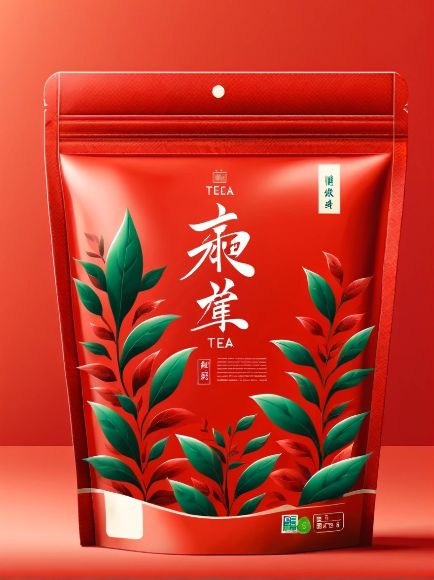 Modern packaging design, 1 tea product packaging bag，Flat style tea illustration，Rich in nutrients，Simple red background，HD resolution，simple style，practical，natural light, glossy plastic packaging bags