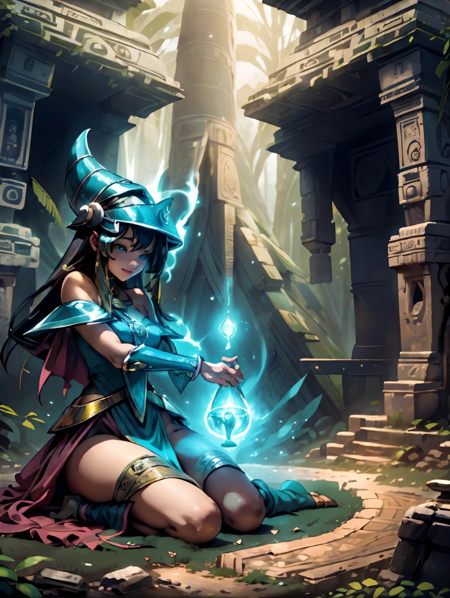 Dark magician gils vestida con traje maya, ella esta parada, Magic hearts background. Sonrisa en sus labios. Ojos celestes. Cabello rubio. Pose sensual. Levitando en una pie. Background of Mayan ruins and a magical stone portal  