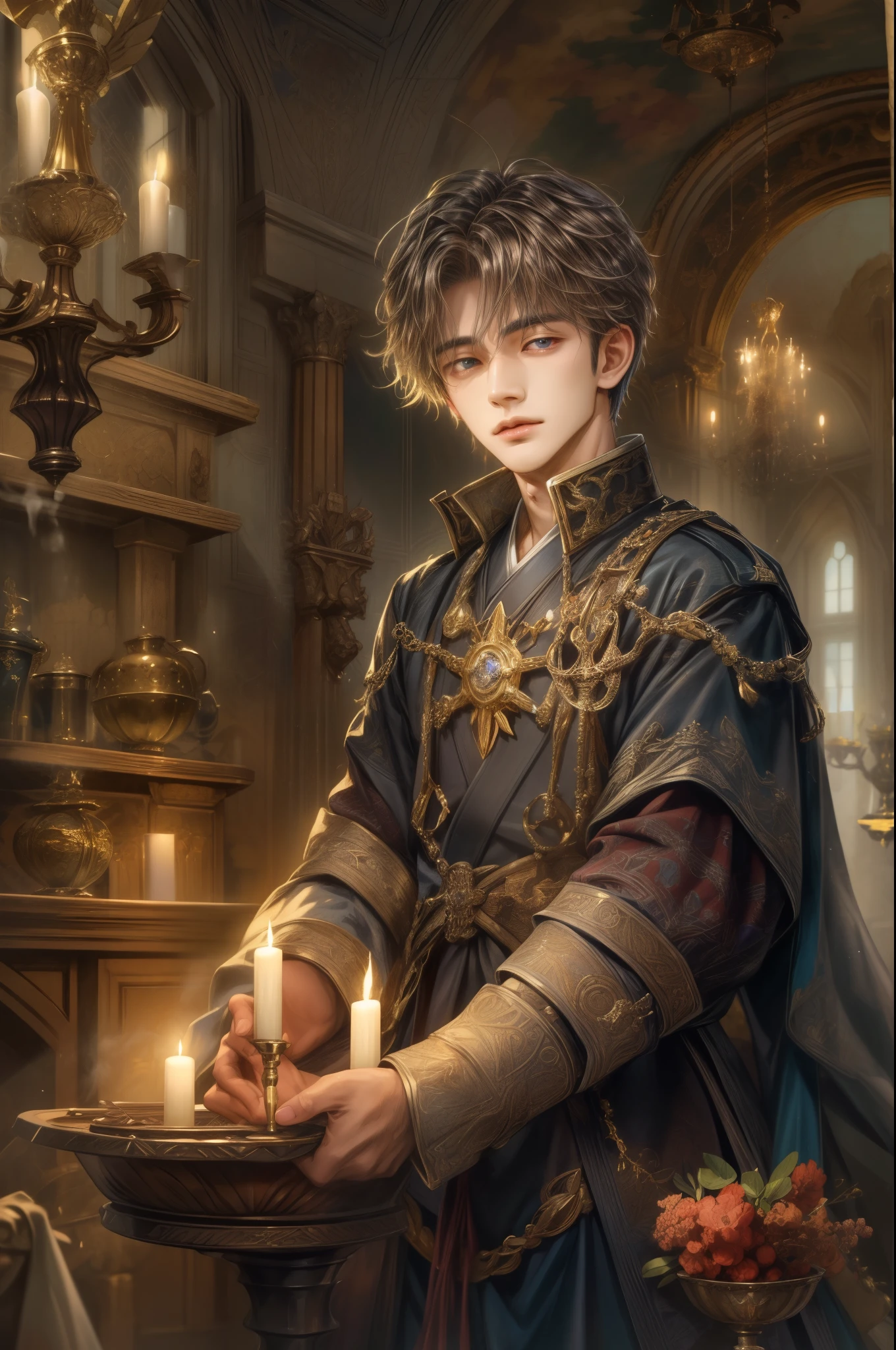 (absurdres, highres, ultra detailed, HDR), masterpiece, best quality, Valkyrie Anatomia character, kokuyo, handsome young boy, short hair, korean handsome face, big anime eyes, detailed scenery of a gnostic mansion interiors, pile of candle background, gnostic candelabra, detailed character