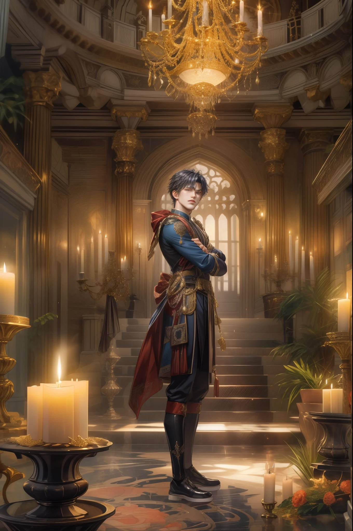 (absurdres, highres, ultra detailed, HDR), masterpiece, best quality, Valkyrie Anatomia character, kokuyo, handsome young boy, short hair, korean handsome face, big anime eyes, detailed scenery of a gnostic mansion interiors, pile of candle background, gnostic candelabra, detailed character