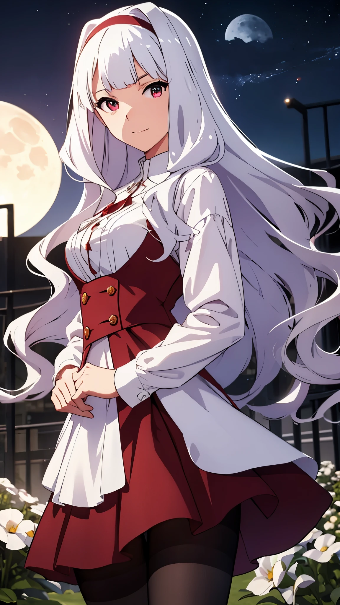 CG, unity, 8k, wallpaper, highest quality, masterpiece, lovely woman, 18-year-old, white hair, white skin, BREAK, white blouse, dark red skirt, (pantyhose:1.3), (Realistic:1.2), best lighting, complex pupils, complex textile, detailed background, (There is a moon at the back: 1.3), starry skies, night, In the flower garden, (white flower: 1.3)