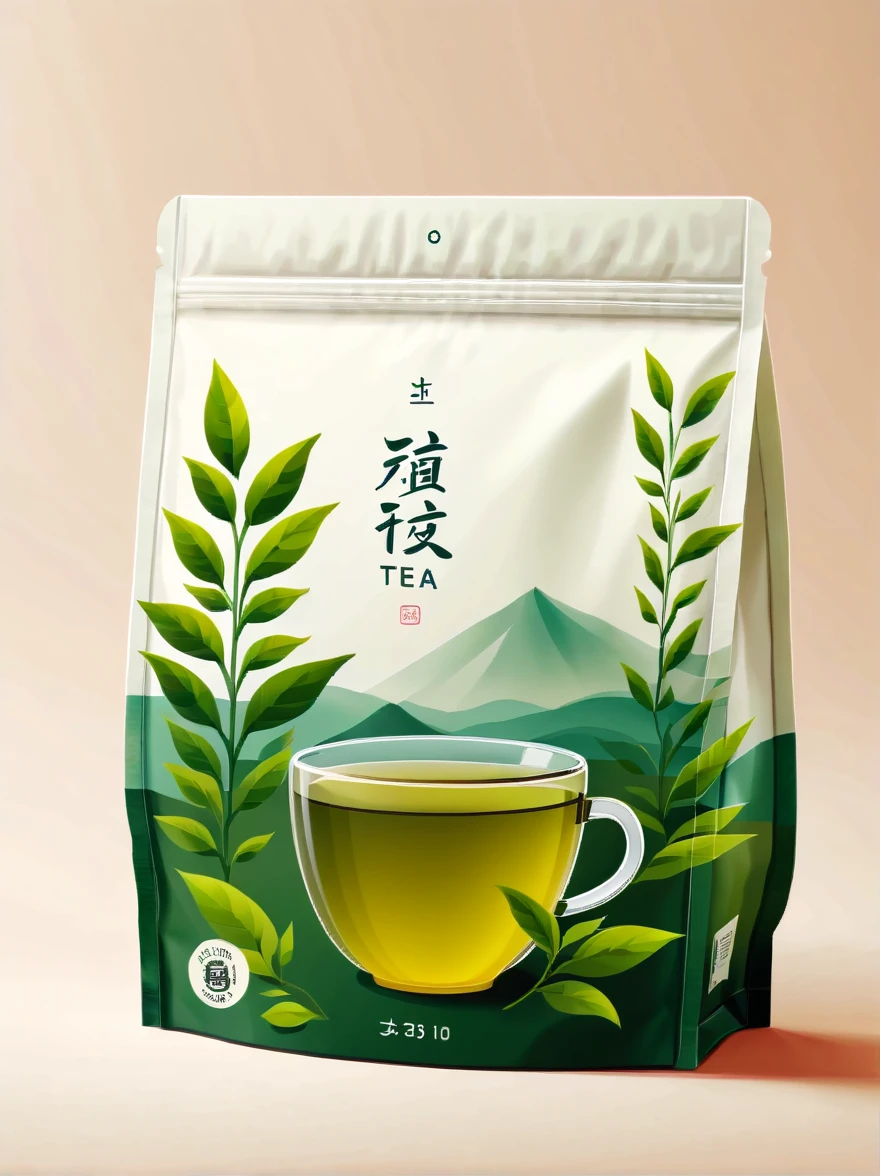 Modern packaging design, 1 tea product packaging bag,Flat style tea illustration,simple background,HD resolution,simple style,practical,natural light, glossy plastic packaging bags