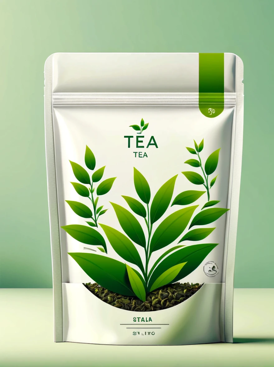Modern packaging design, 1 tea product packaging bag，Flat style tea illustration，simple background，HD resolution，simple style，practical，natural light, glossy plastic packaging bags