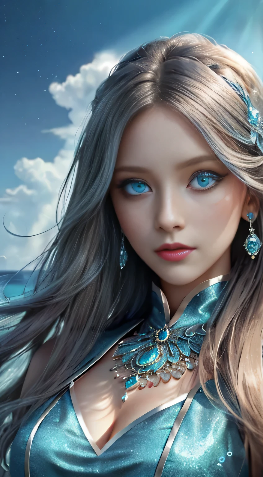(Absurd: 0.9), (High quality: 1.3), (Ultra detailed: 1.5), (Careful with hand: 1.1),
Meet the enchanting Cancer goddess, with a Zodiac sign distinctly similar to Latin's "Diva," exuding an aura of intelligence, craftiness, and strong-willed determination. Her face, laden with maturity and tenacity, displays a slight moodiness and occasional irritability, with an oppressive yet unforgettable style.
Her ocean blue eyes (eyes detailed: 1.5), shimmering with depth and emotion, reflect her inner world
