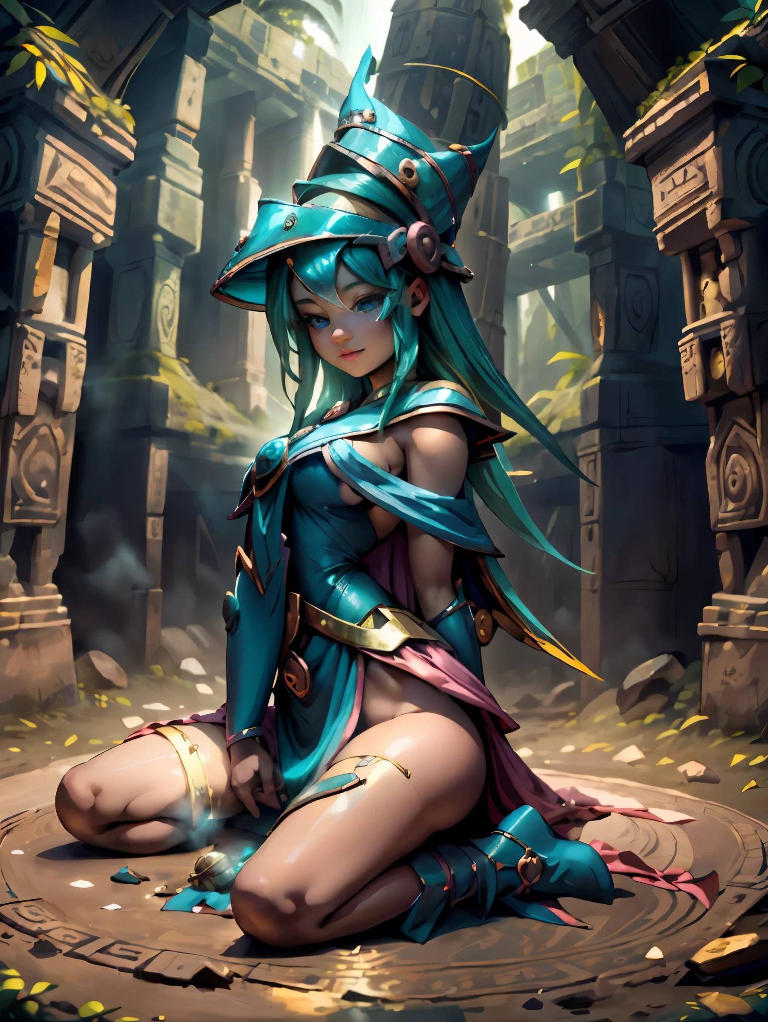 Dark magician gils vestida con traje maya, ella esta parada, Magic hearts background. Sonrisa en sus labios. Ojos celestes. Cabello rubio. Pose sensual. Levitando en una pie. Background of Mayan ruins and a magical stone portal