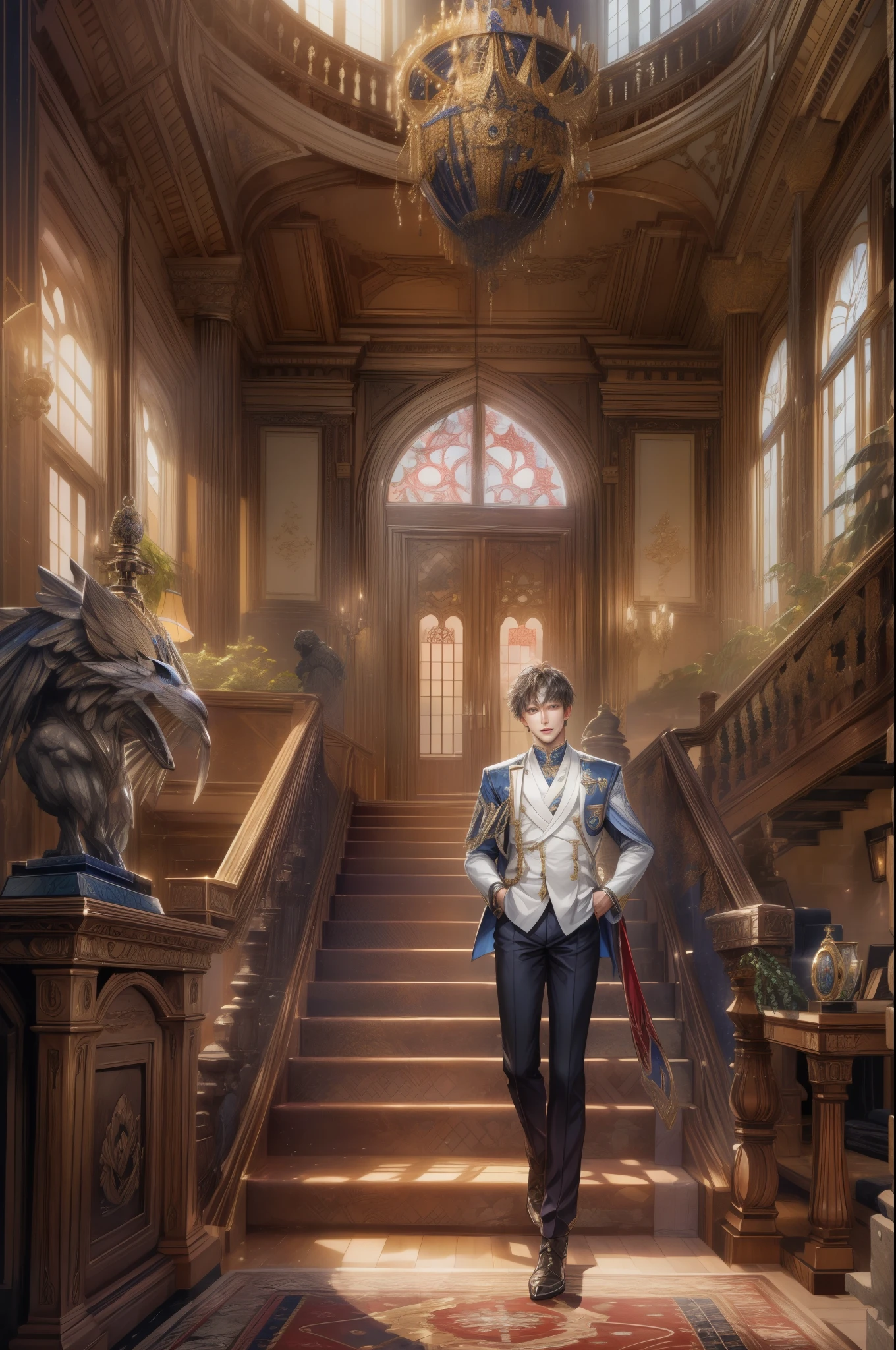 (absurdres, highres, ultra detailed, HDR), masterpiece, best quality, Valkyrie Anatomia character, kokuyo, handsome young boy, short hair, korean handsome face, big anime eyes, detailed scenery of a gnostic mansion interiors, detailed character