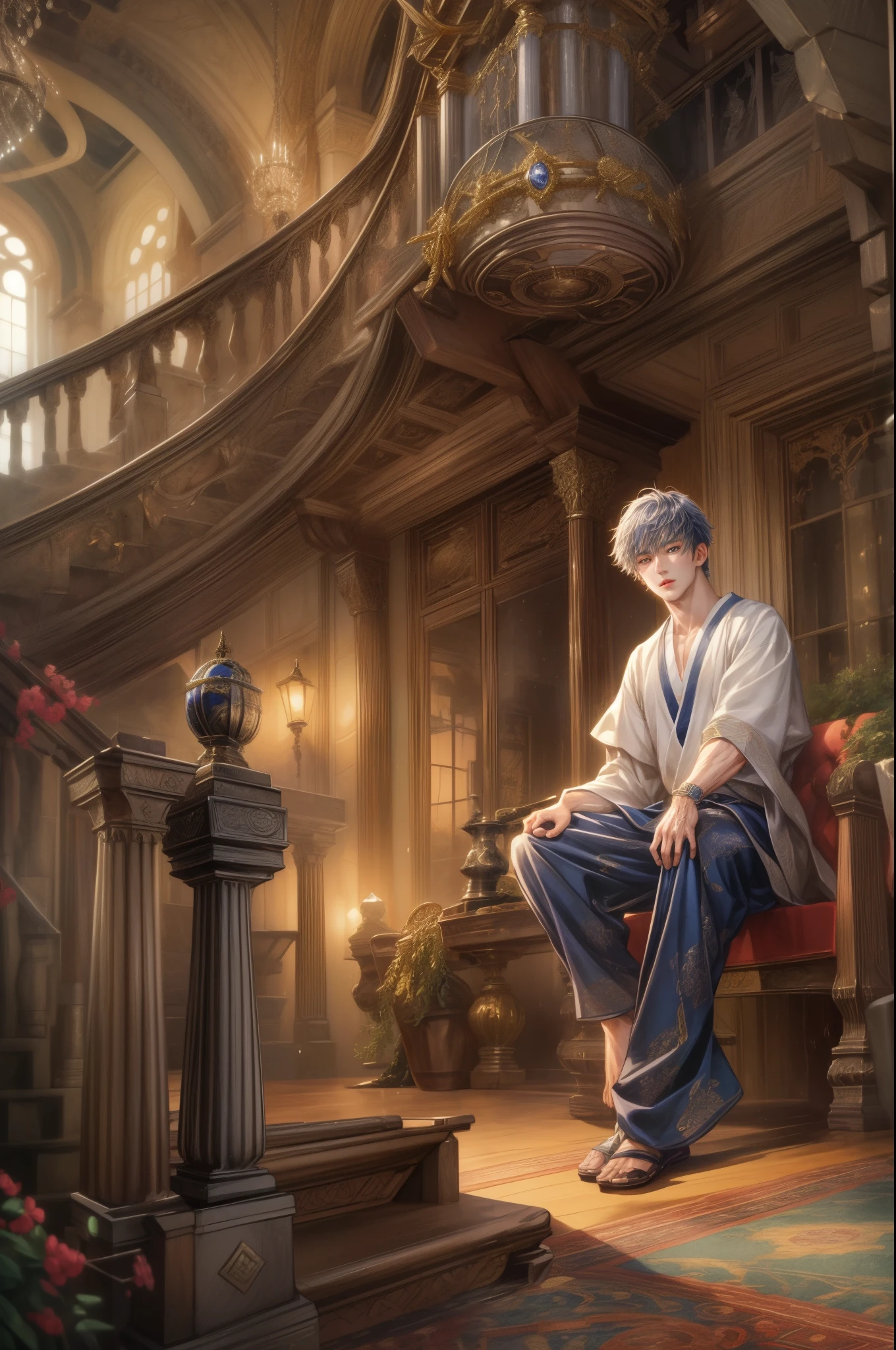 (absurdres, highres, ultra detailed, HDR), masterpiece, best quality, Valkyrie Anatomia character, kokuyo, handsome young boy, short hair, korean handsome face, big anime eyes, detailed scenery of a gnostic mansion interiors, detailed character