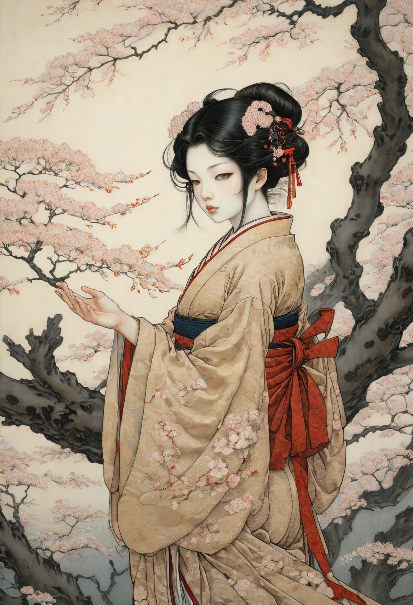 The Sakura Maiden, girl, by Takato Yamamoto, best quality, masterpiece, Representative work, official art, Professional, Ultra intricate detailed, 8k