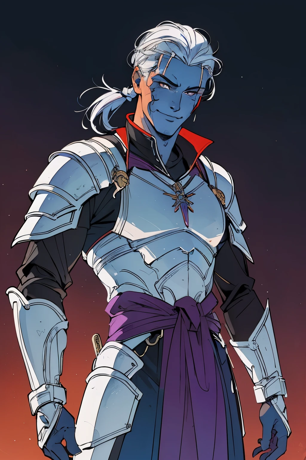 masterpiece:1.2, best quality, ultra detailed, absurdres, (action_shot), rugged, older, masculine, (blue_skin), archer, white_hair, shoulder length hair, 1male,male_focused, smile, confident, elegant armor under purple_robes over gear, bowman gear, warrior, in the style of  Kentaro Miura, fantasy, SCI-FI, fire background,