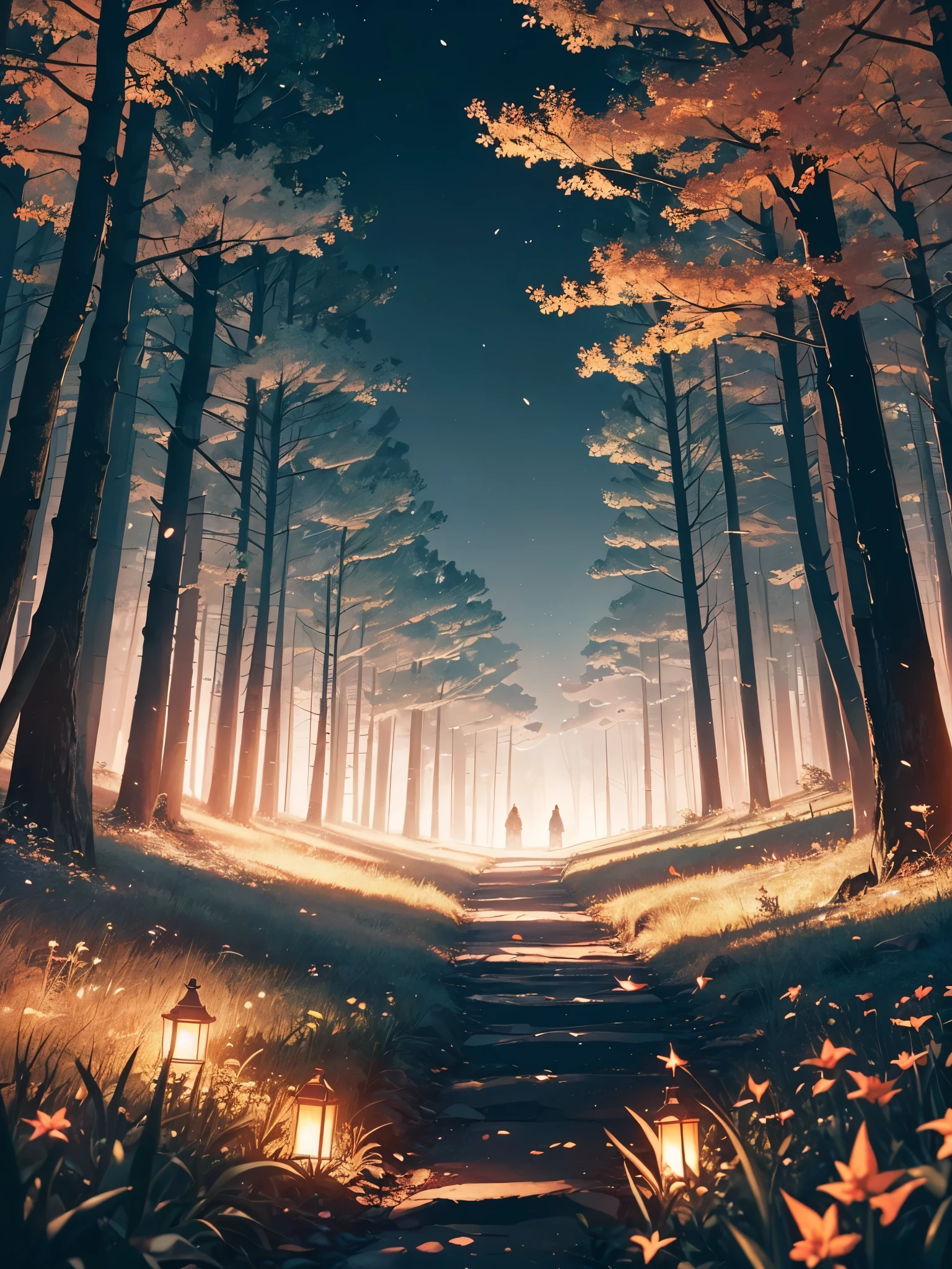 a path in the middle of a dark forest, long trees with tall crowns, bushes with hidden red eyes, (((the forest is very dark, with little visibility))), floating lanterns with little or almost no light, fireflies illuminate the path , some cherry blossoms, Lycoris Radiata, {extremely detailed 16k CG unit wallpaper}, expansive landscape photography, (a low view with focus on the scenery), (wide open field view), (angled shot low), (high light: 1.0), (low light: 1.7), (warm light source: 1.0), complex details, (iridescent colors: 1.0), (bright lighting), (atmospheric lighting)
