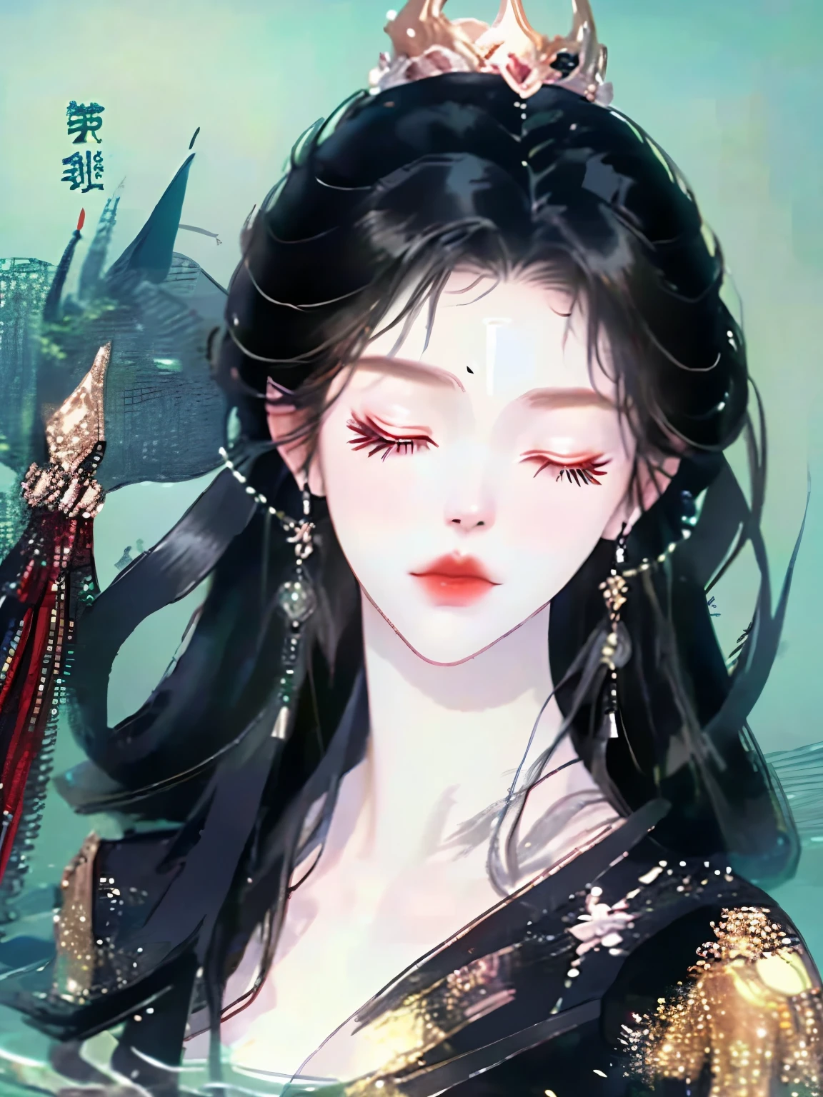 a woman，black hair，eyes closed，eye shadow, long hair,flowers on hair, ethereal beauty,Upper body close-up，Lie flat in the water((beautiful fantasy queen))，floating in water
