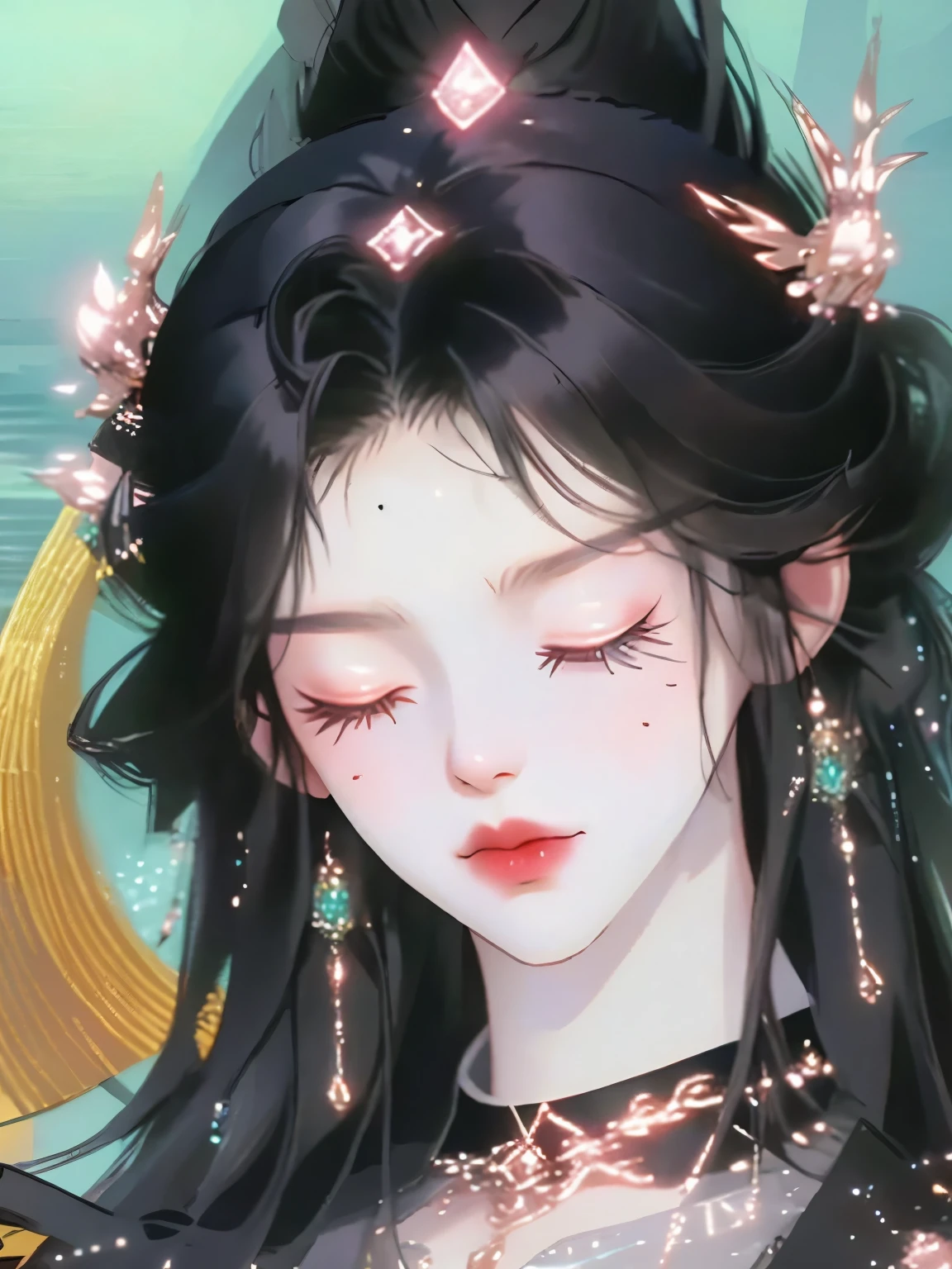 a woman，black hair，eyes closed，eye shadow, long hair,flowers on hair, ethereal beauty,Upper body close-up，Lie flat in the water((beautiful fantasy queen))
