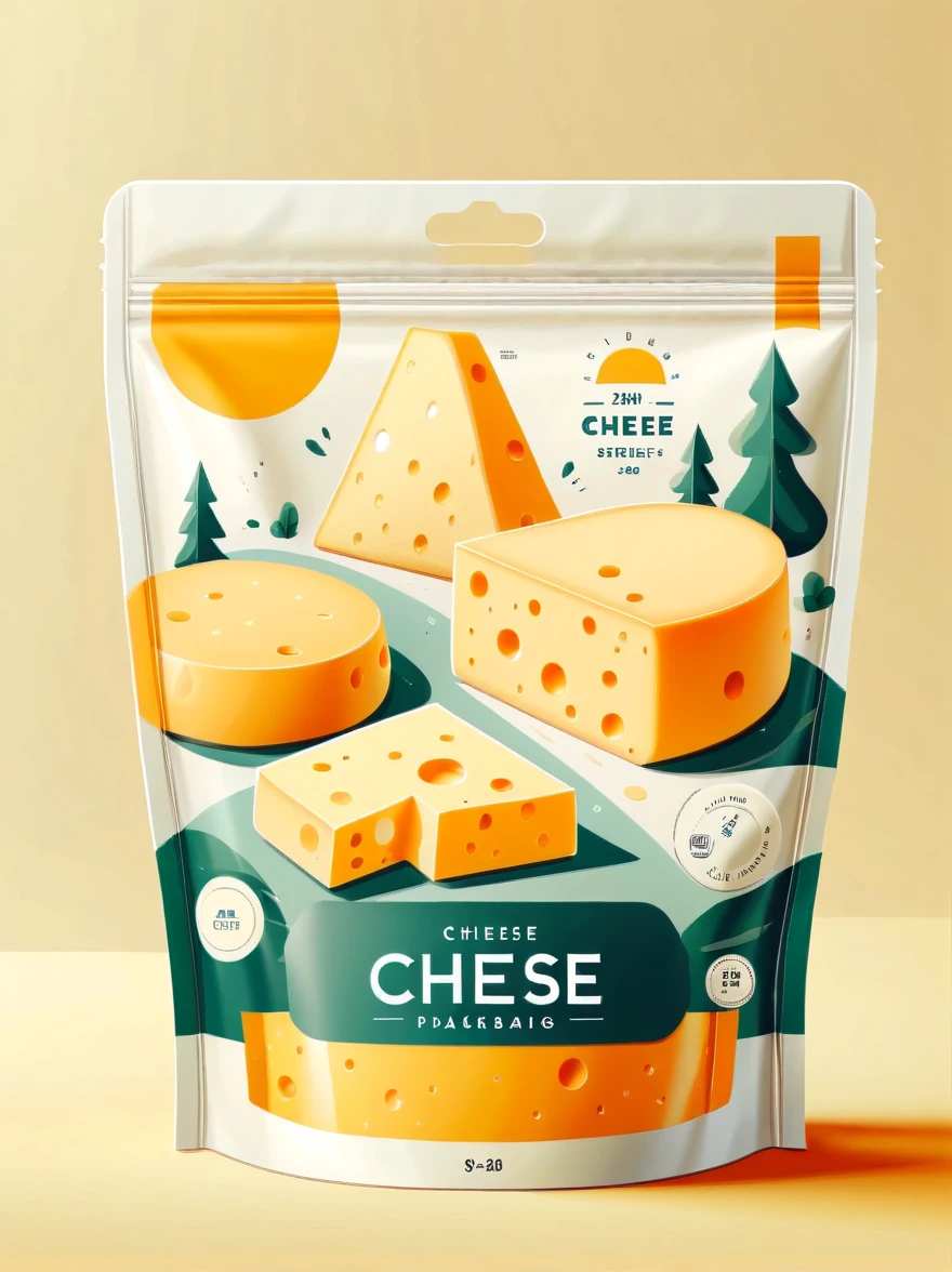 Modern packaging design, 1 cheese product packaging bag，Flat style cheese illustration，simple background，HD，8K，simple style，practical，natural light, glossy plastic packaging bags