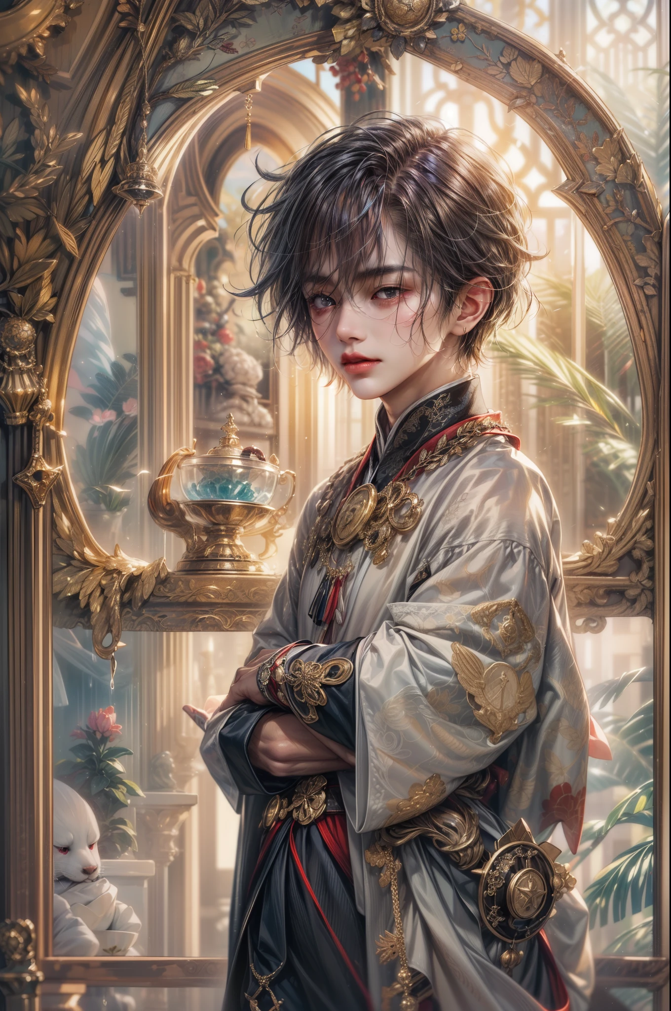 (absurdres, highres, ultra detailed, HDR), masterpiece, best quality, Valkyrie Anatomia character, kokuyo, handsome young boy, short hair, korean handsome face, big anime eyes, detailed scenery of a gnostic mansion interiors, gnostic sky on window, gnostic candelabra, detailed character
