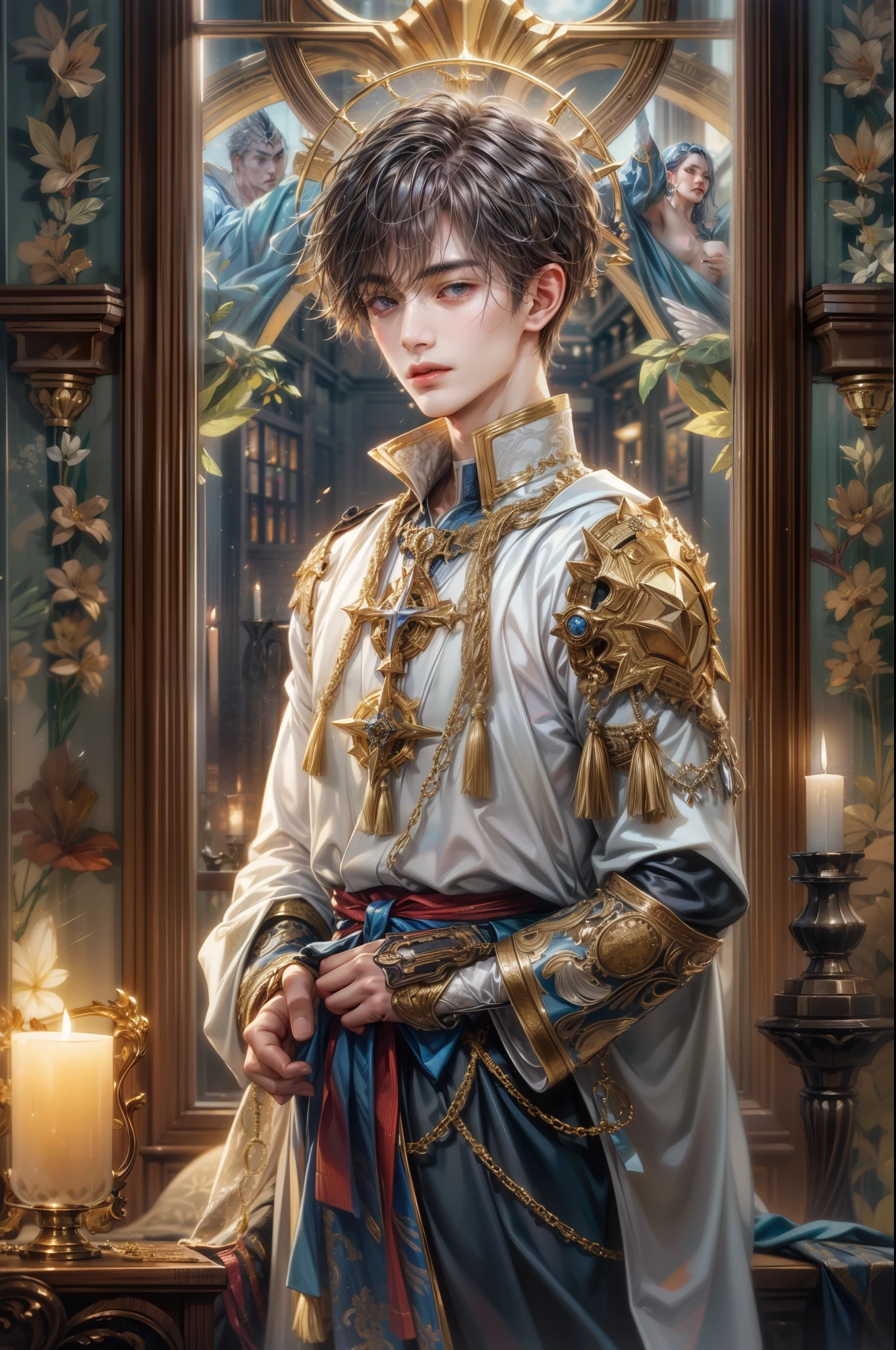 (absurdres, highres, ultra detailed, HDR), masterpiece, best quality, Valkyrie Anatomia character, kokuyo, handsome young boy, short hair, korean handsome face, big anime eyes, detailed scenery of a gnostic mansion interiors, gnostic sky on window, gnostic candelabra, detailed character