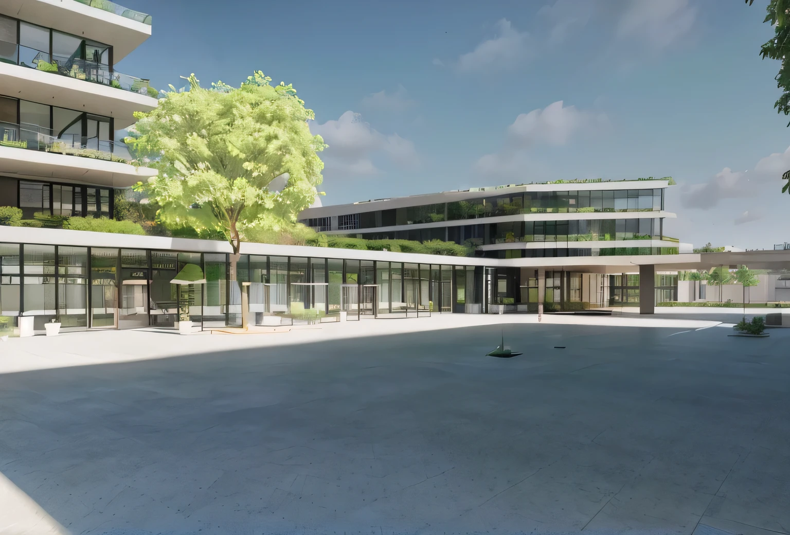 rendering of a modern office building with a courtyard and a tree, View at ground level, View at ground level, architectural rendering, View at ground level, architectural rendering, intermediate vision, architectural visualization, green terrace, renderizar coroa, escola&#39;quintal, vue render, luminous renderinging, luminous rendering, view from ground level, grande angular exterior 2022