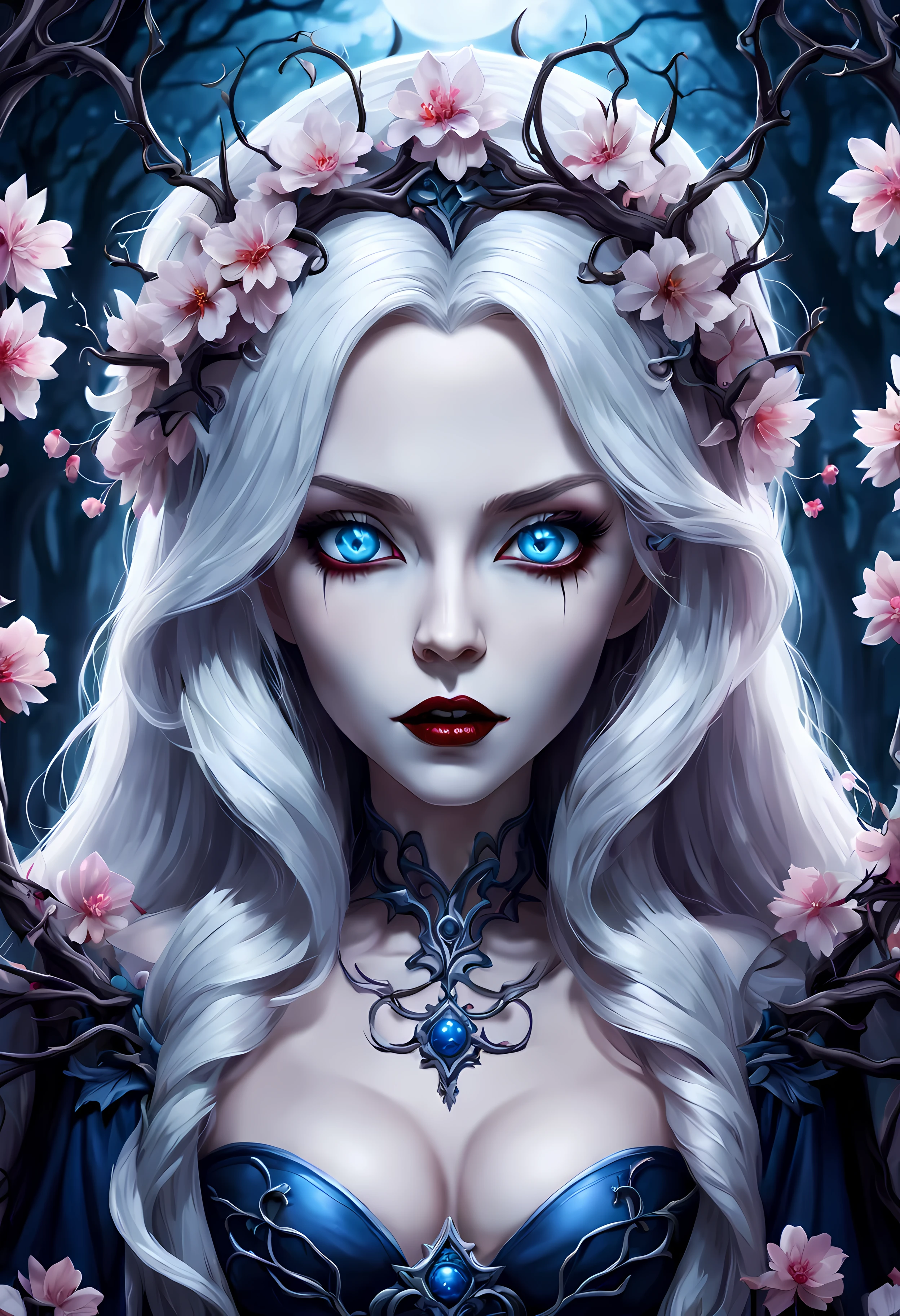 anime Vampire Princess, long white hair, gothic style, roses in hair, dark black eyelashes, white glow irises, light blue dress, digital illustration, comic style, gothic renaissance, perfect , centered, approaching perfection, dynamic, highly detailed, (under a cherry blossom tree), artstation, concept art, smooth, sharp focus, illustration, art by wlop and ross tran ,glitter