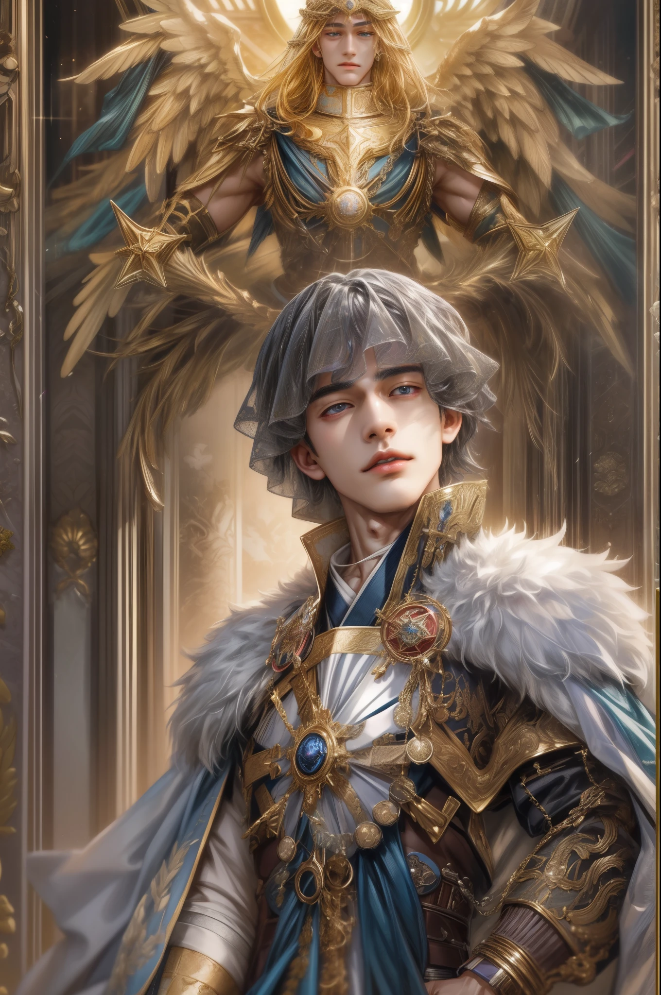 (absurdres, highres, ultra detailed, HDR), masterpiece, best quality, close-up picture of a Valkyrie Anatomia character, kokuyo, arbiter hrist, handsome young boy, short hair, korean handsome face, big anime eyes, detailed scenery of a gnostic mansion interiors, detailed character