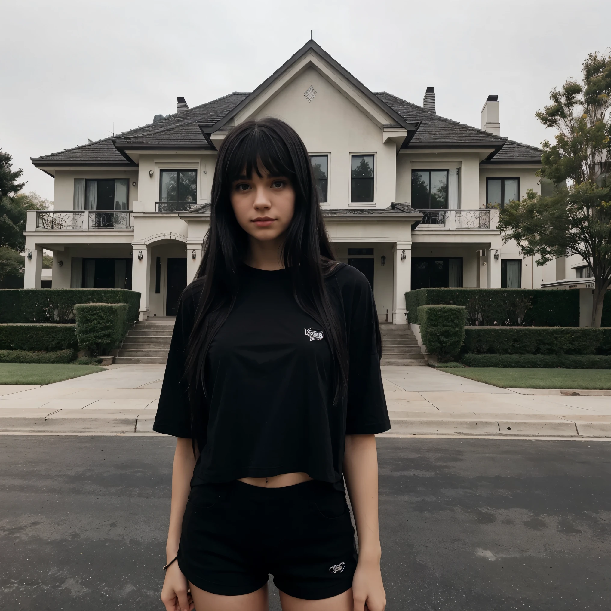 teen american girl with black long hair with bangs wearing a black t-shirt, black shorts with a big modern mansion in a neighborhood in Bel-Air background on a foggy day