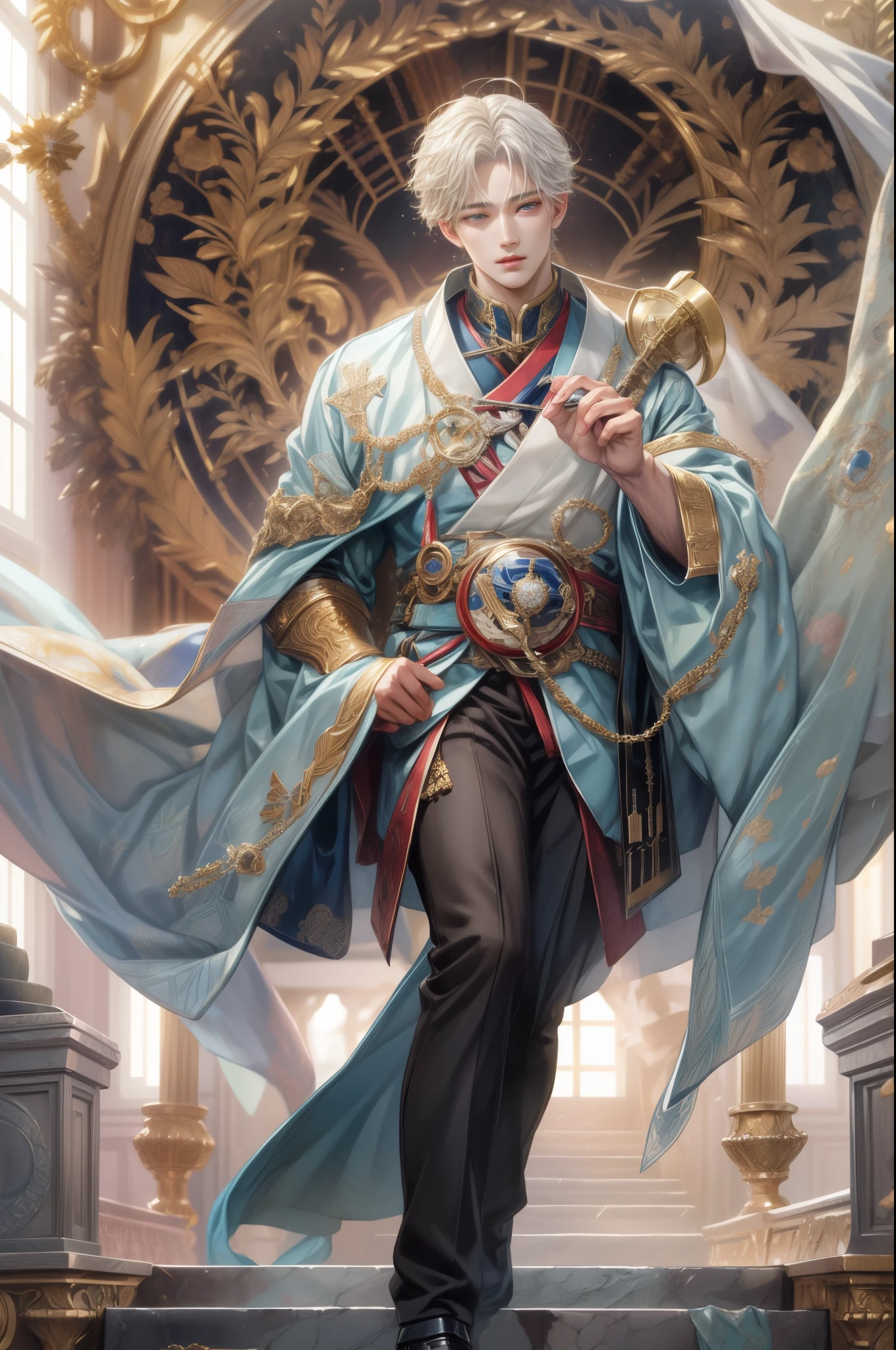 (absurdres, highres, ultra detailed, HDR), masterpiece, best quality, close-up picture of a Valkyrie Anatomia character, kokuyo, arbiter hrist, handsome young boy, short hair, korean handsome face, big anime eyes, detailed scenery of a gnostic mansion interiors, detailed character