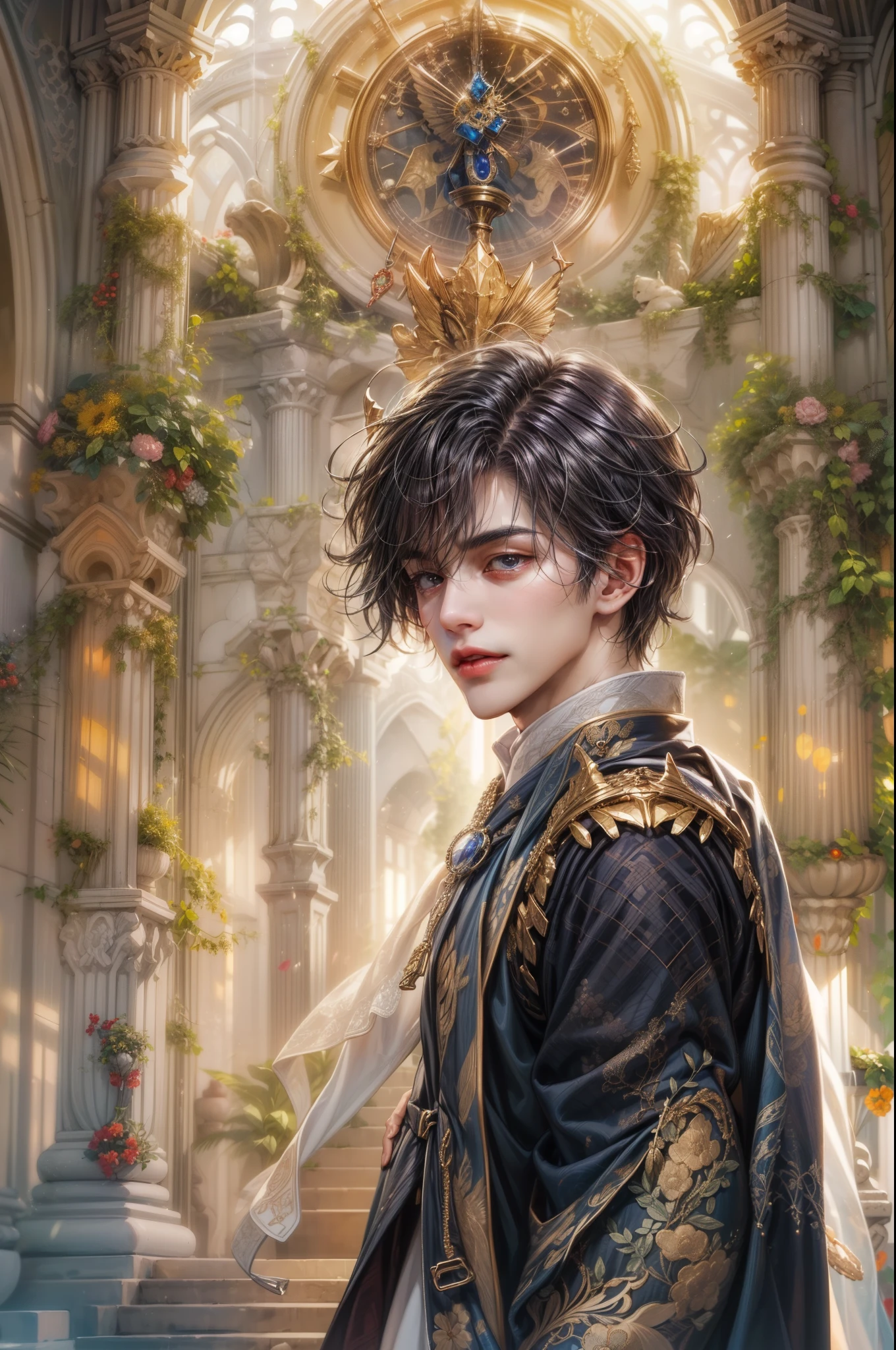 (absurdres, highres, ultra detailed, HDR), masterpiece, best quality, close-up picture of a Valkyrie Anatomia character, kokuyo, arbiter hrist, handsome young boy, short hair, korean handsome face, big anime eyes, detailed scenery of a gnostic mansion interiors, detailed character